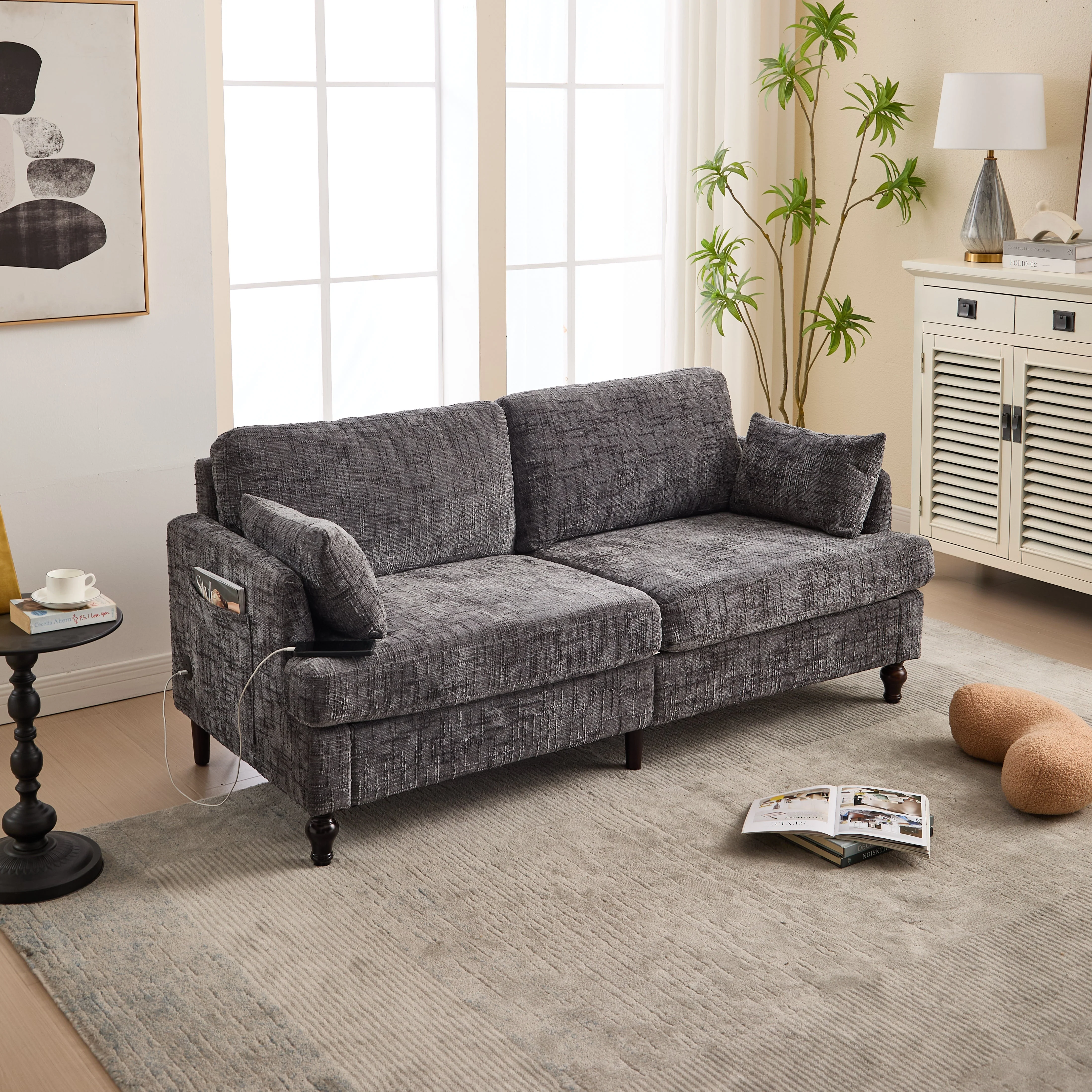 Sofa, 2-Seater with LED, USB, Storage, Chenille - Image 10