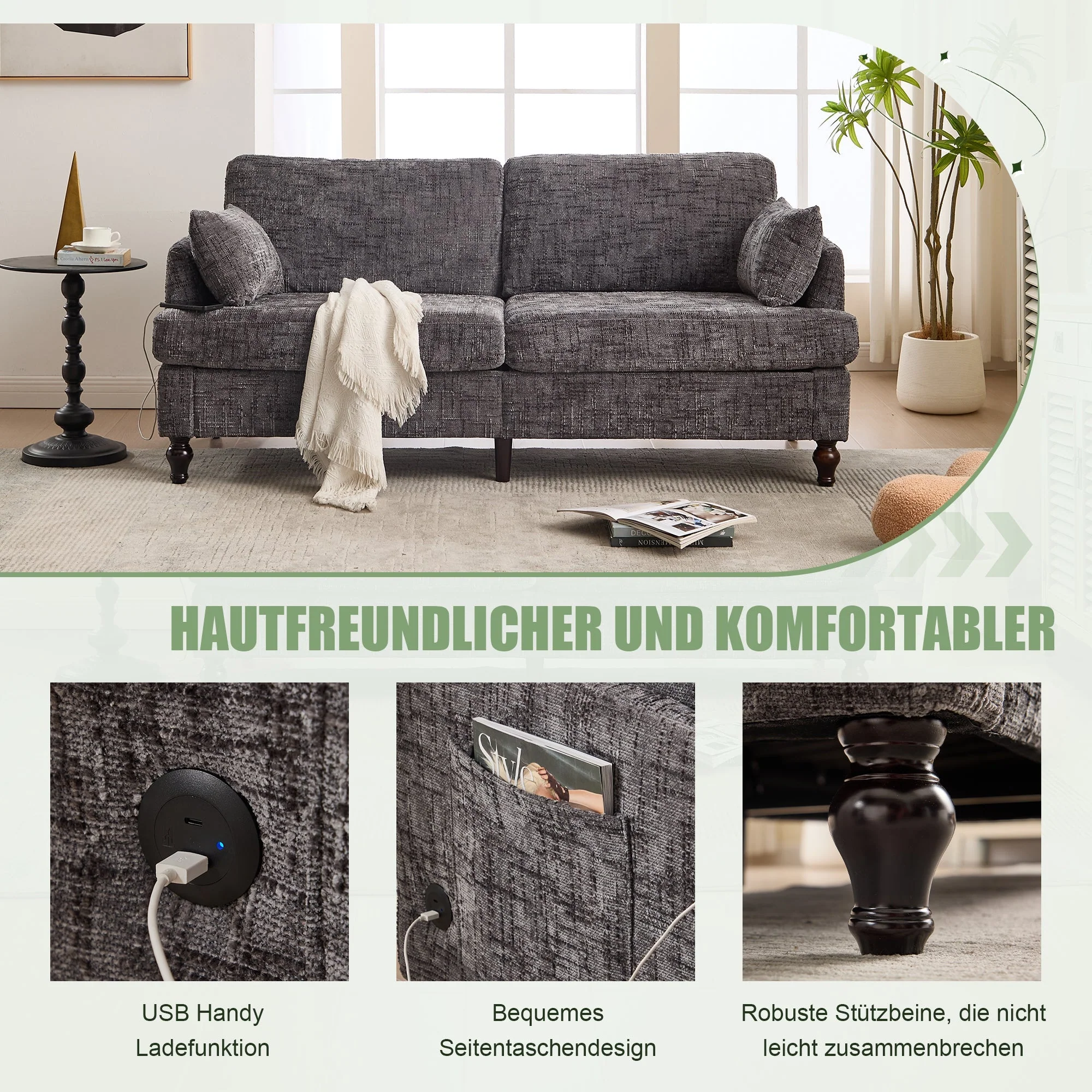 Sofa, 2-Seater with LED, USB, Storage, Chenille - Image 2