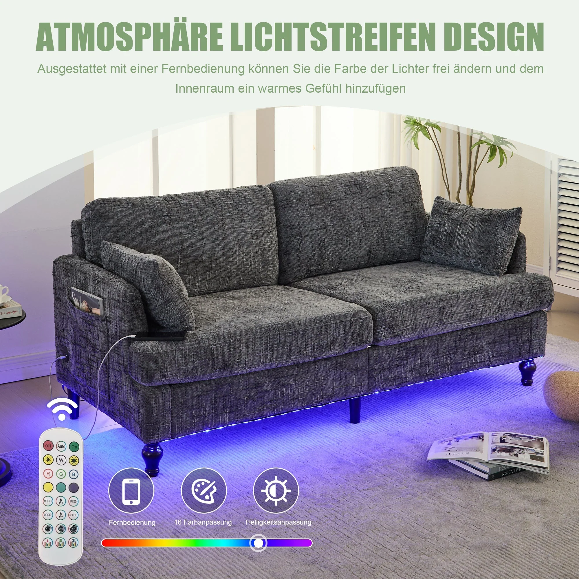 Sofa, 2-Seater with LED, USB, Storage, Chenille - Image 4