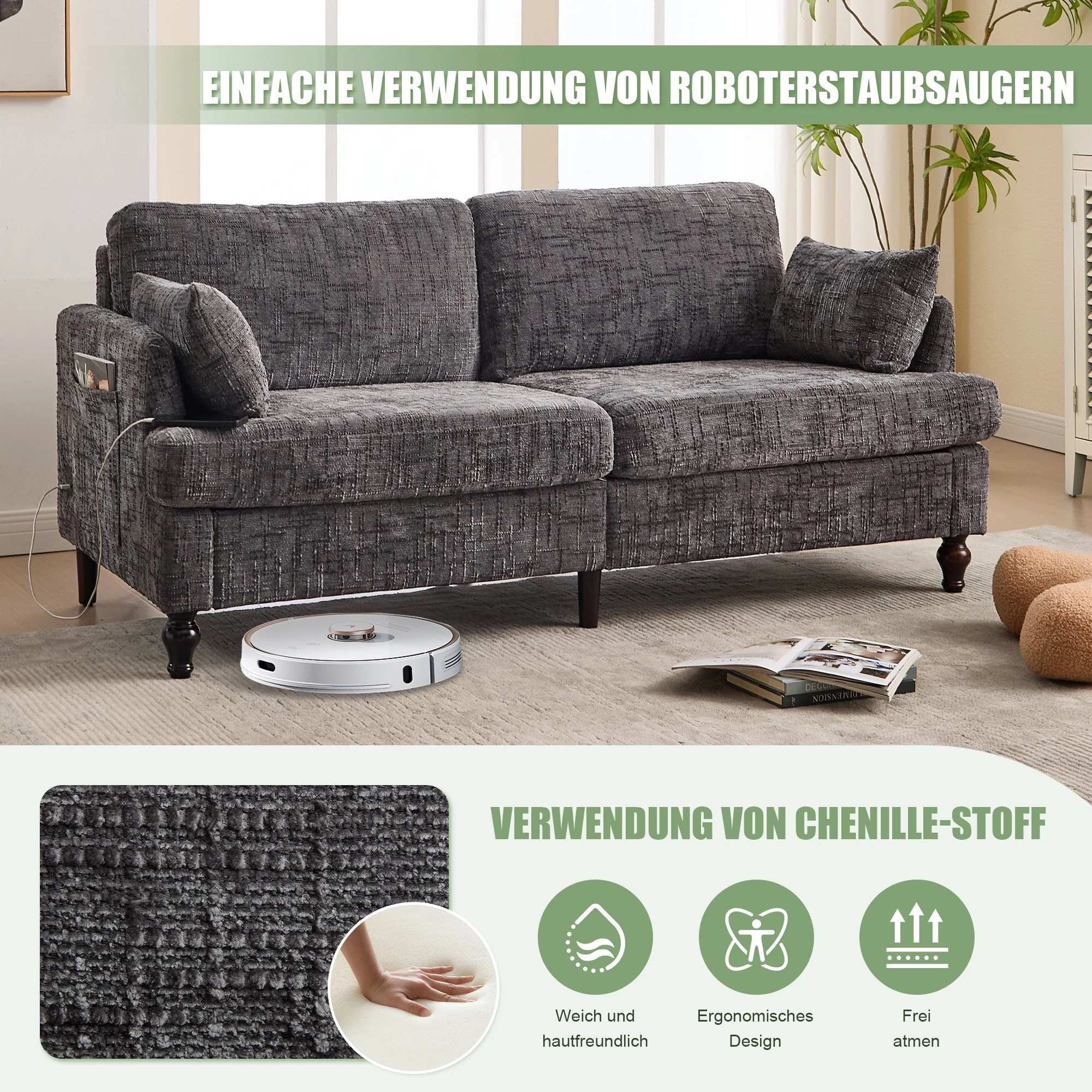 Sofa, 2-Seater with LED, USB, Storage, Chenille - Image 5