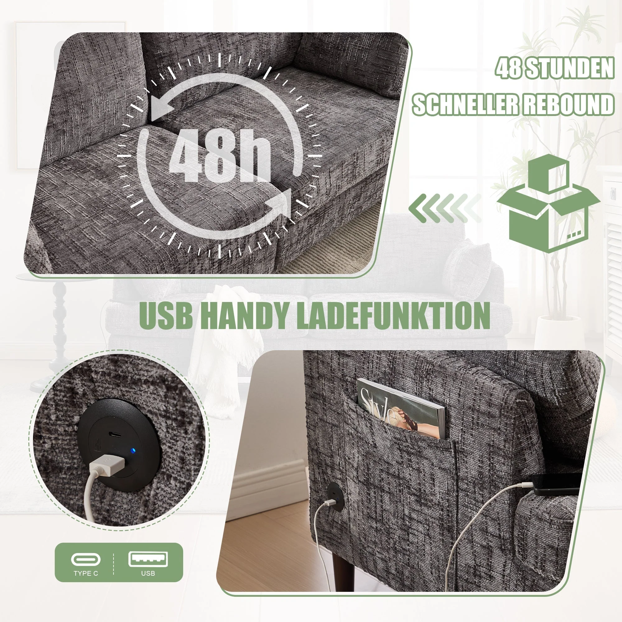 Sofa, 2-Seater with LED, USB, Storage, Chenille - Image 6