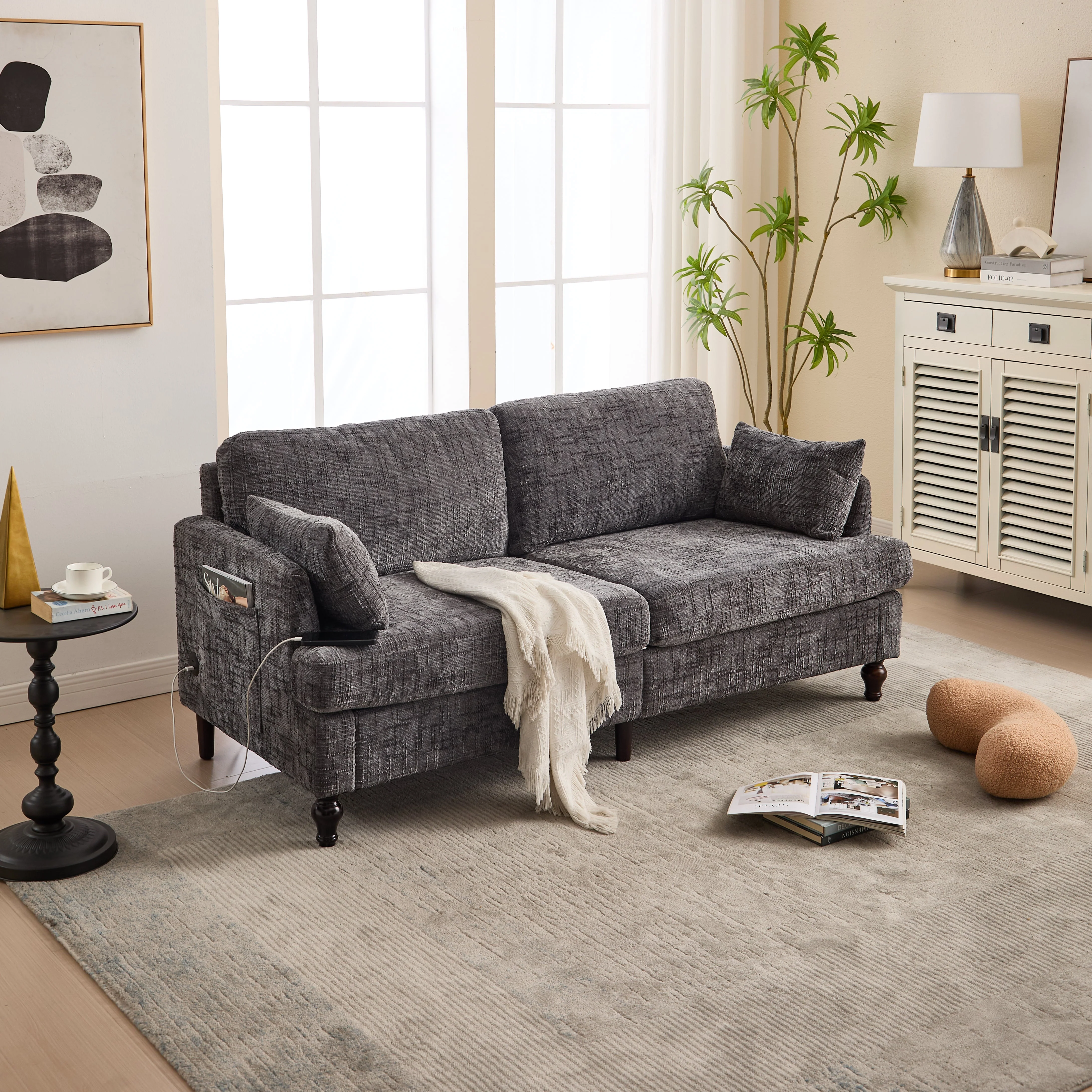 Sofa, 2-Seater with LED, USB, Storage, Chenille - Image 8