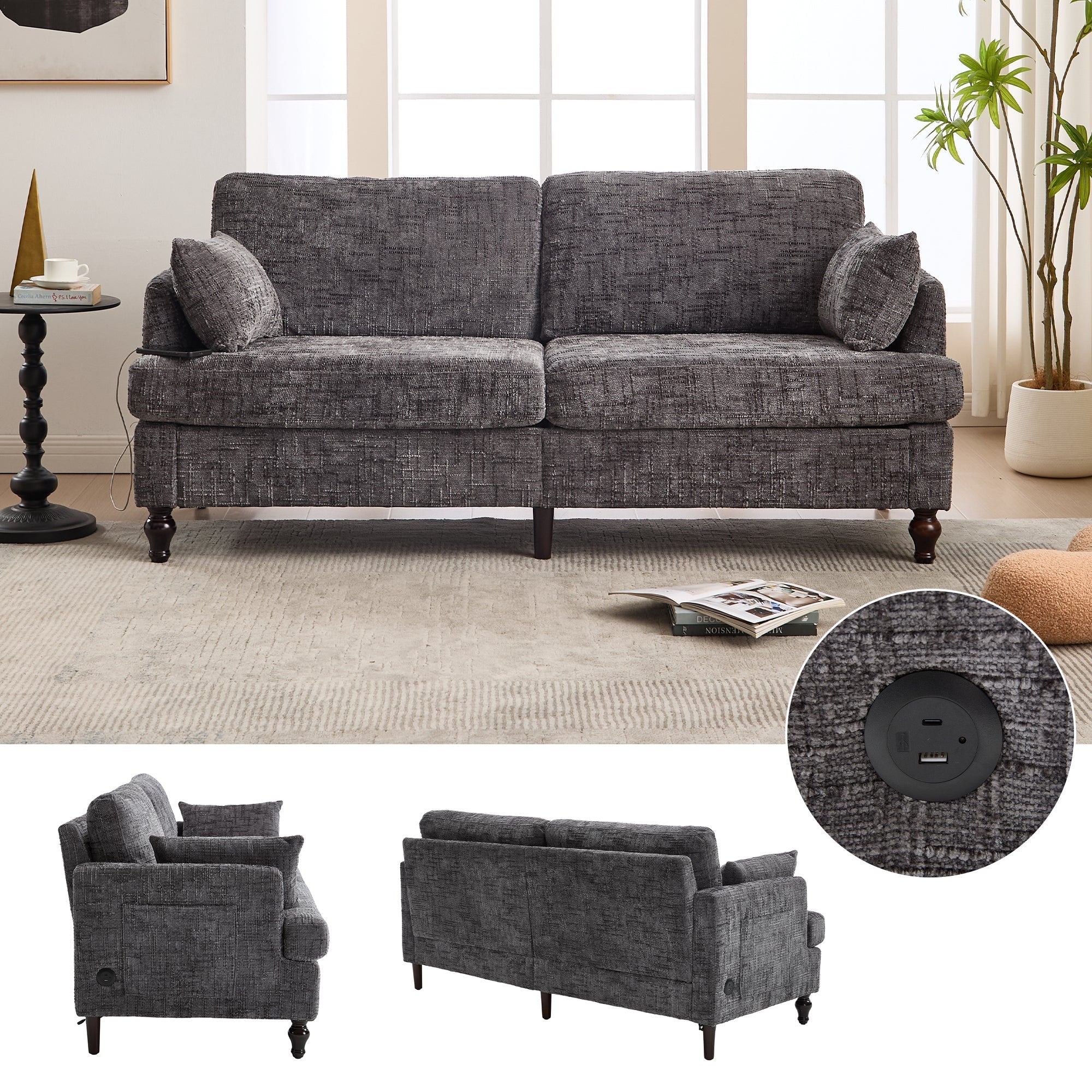 Sofa, 2-Seater with LED, USB, Storage, Chenille - Image 9