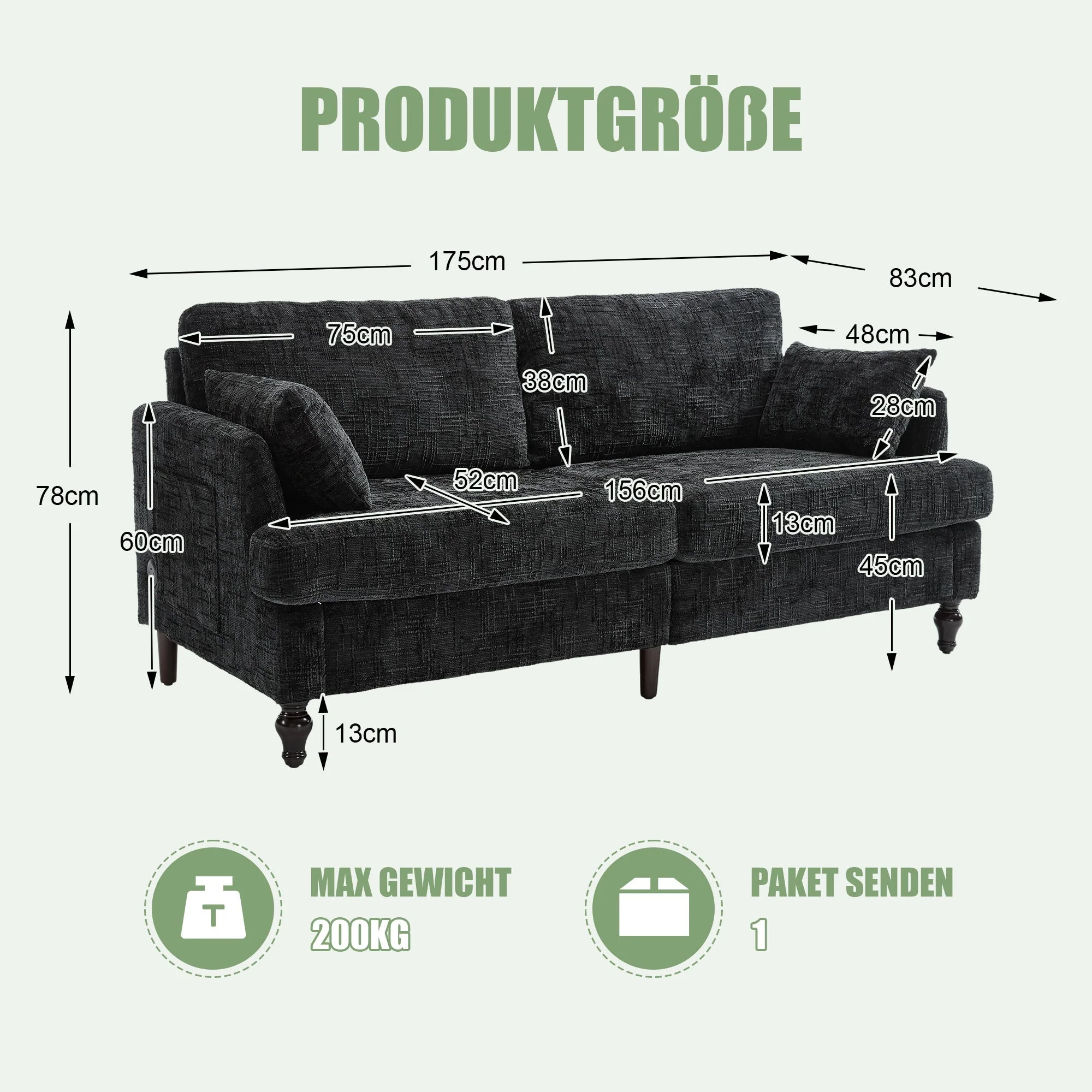 Sofa, 2-Seater with Wooden Legs, LED Light, USB, Storage Bag, Chenille - Image 4