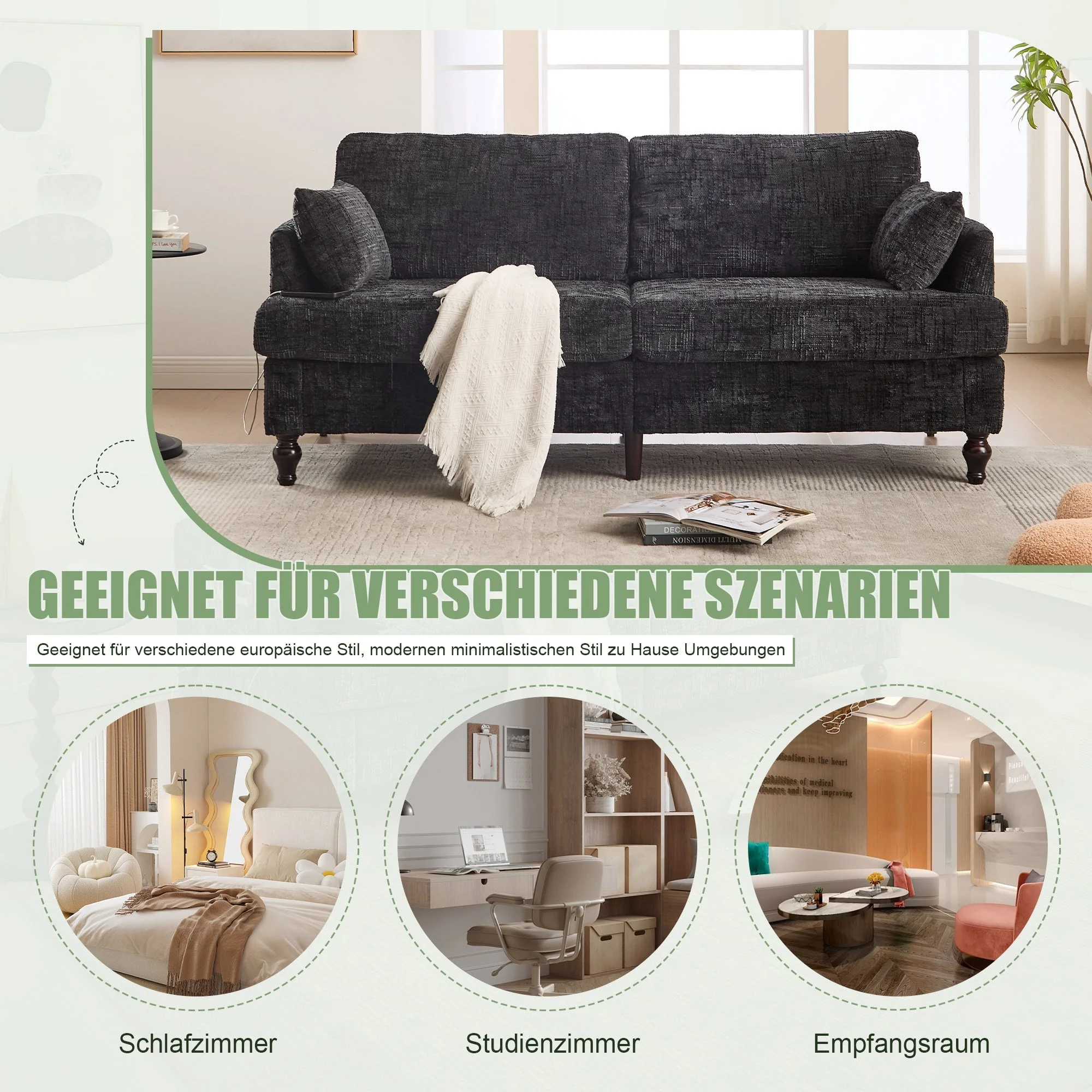 Sofa, 2-Seater with Wooden Legs, LED Light, USB, Storage Bag, Chenille - Image 5