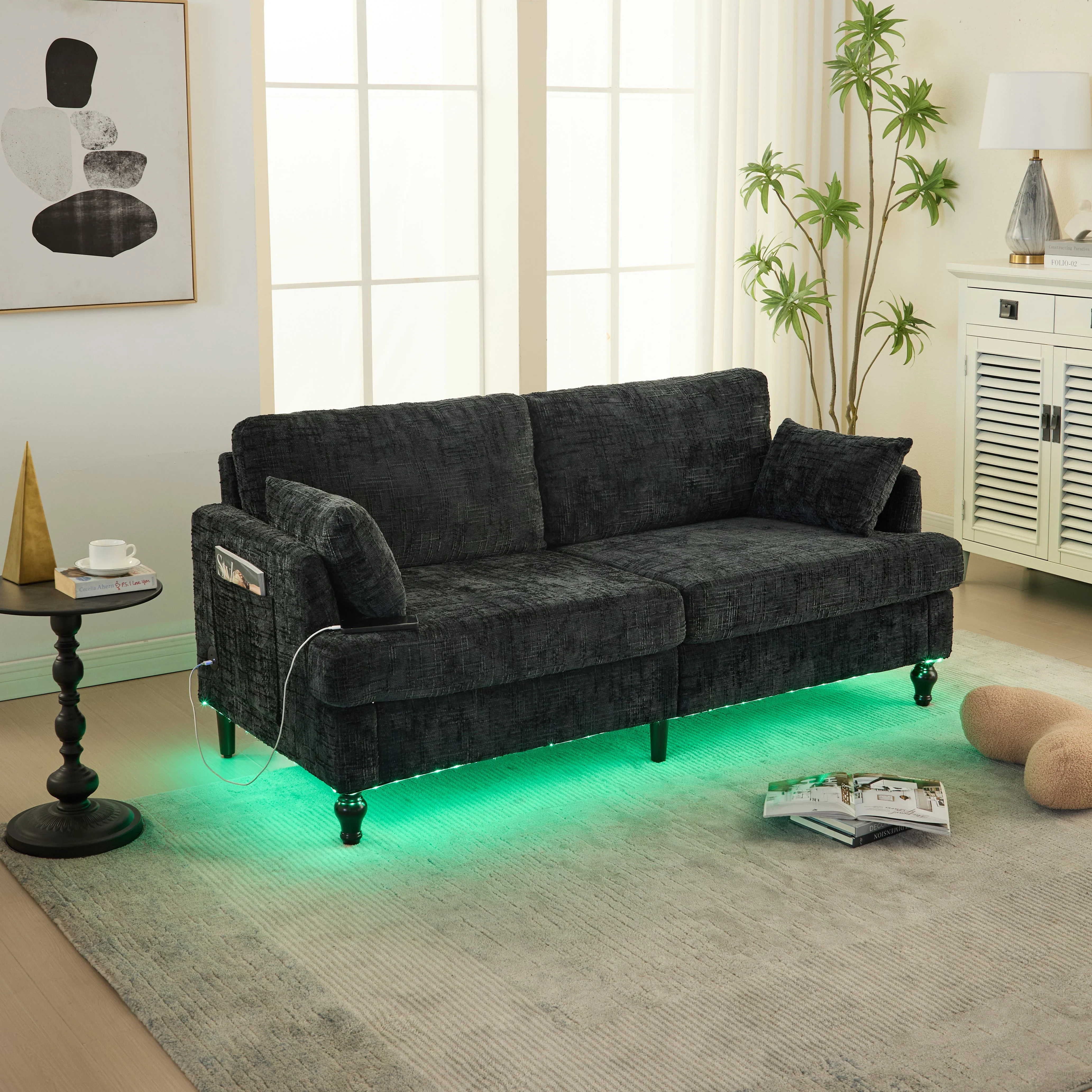Sofa, 2-Seater with Wooden Legs, LED Light, USB, Storage Bag, Chenille - Image 6