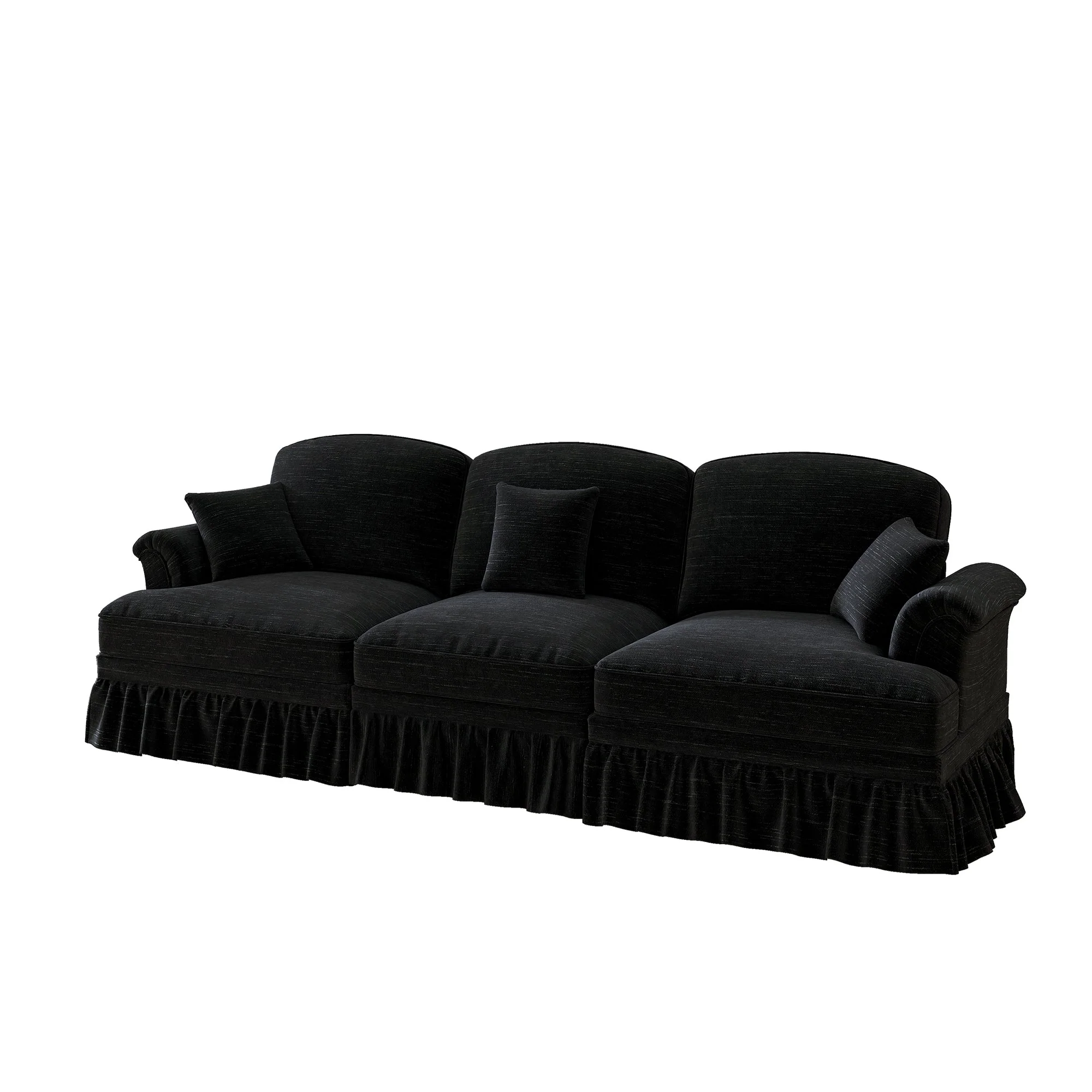 Sofa 3-seater Mid-Century Chenille Ruffled Apron - Black - Image 10