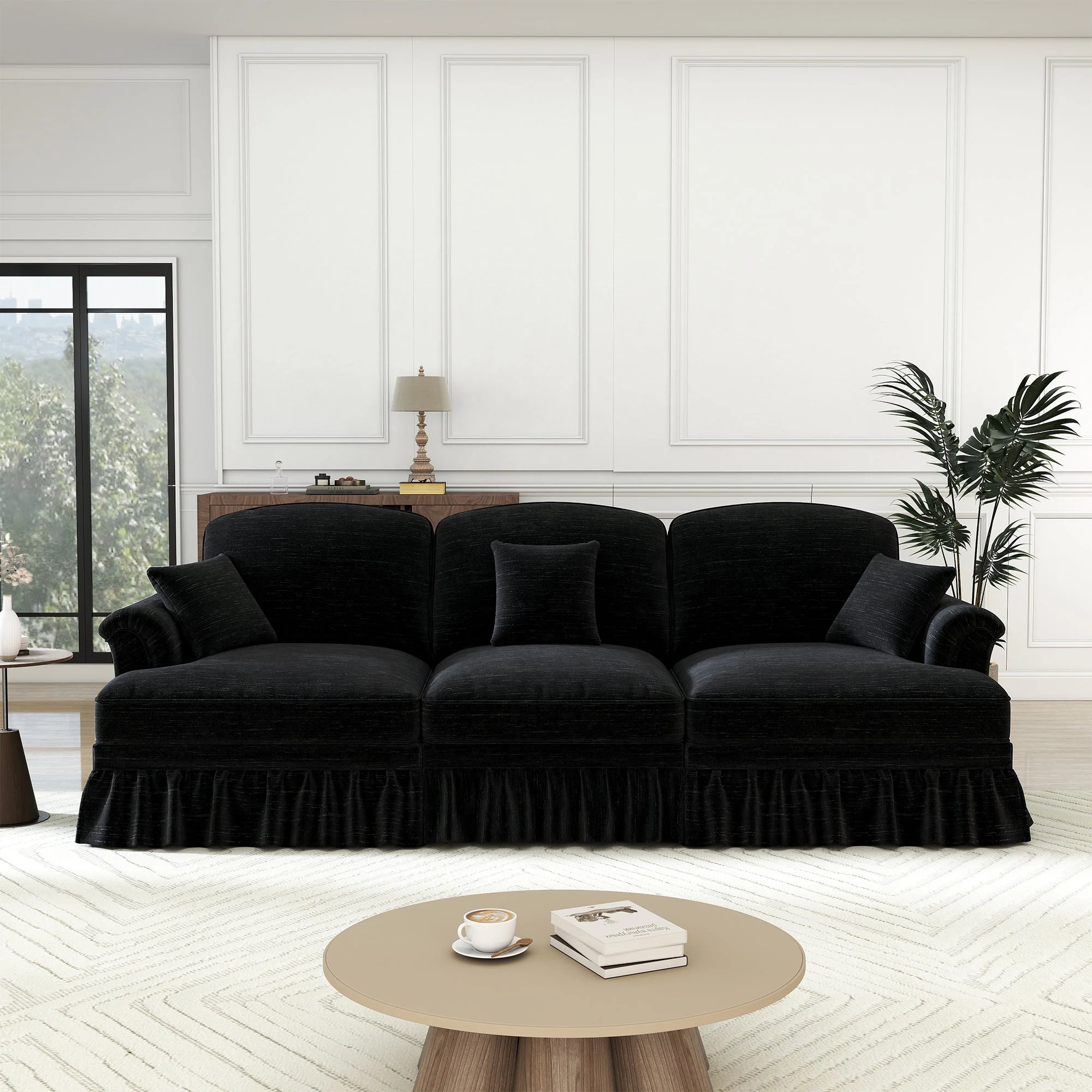 Sofa 3-seater Mid-Century Chenille Ruffled Apron - Black - Image 4