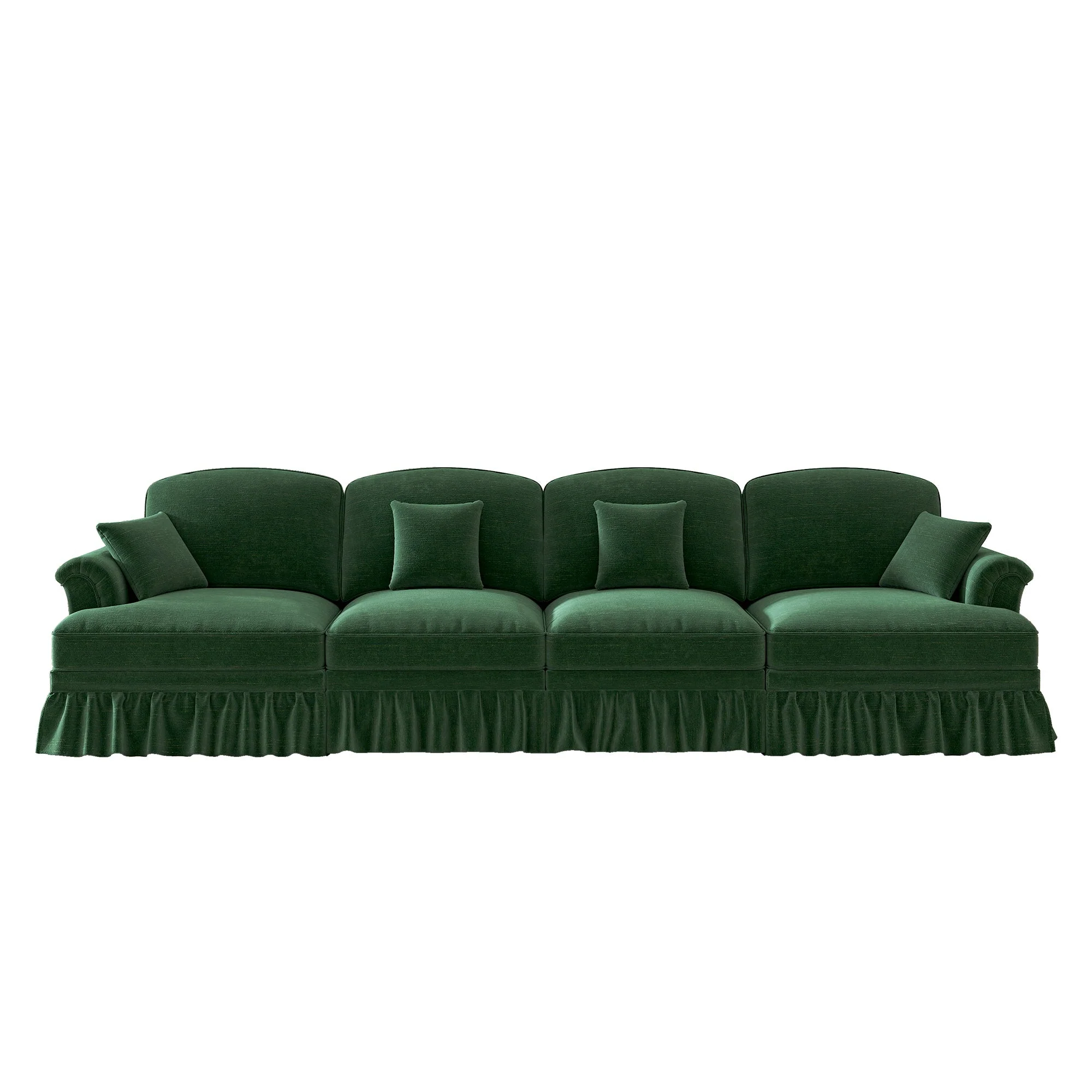 Sofa 4-Seater Mid-Century Chenille Ruffled Apron Spindle Legs - Green - Image 9