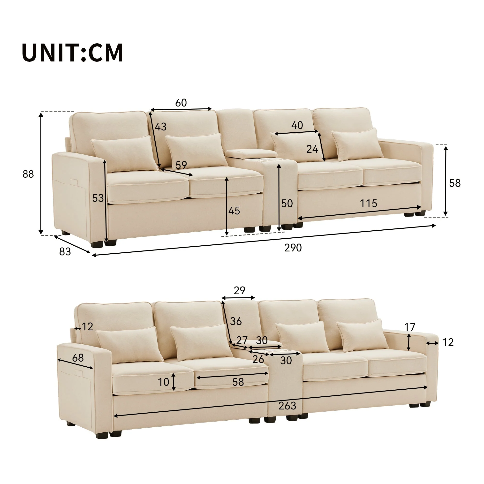 Sofa, 4-Seater with Console, Cup Holders, USB Ports, Linen Fabric - Image 10