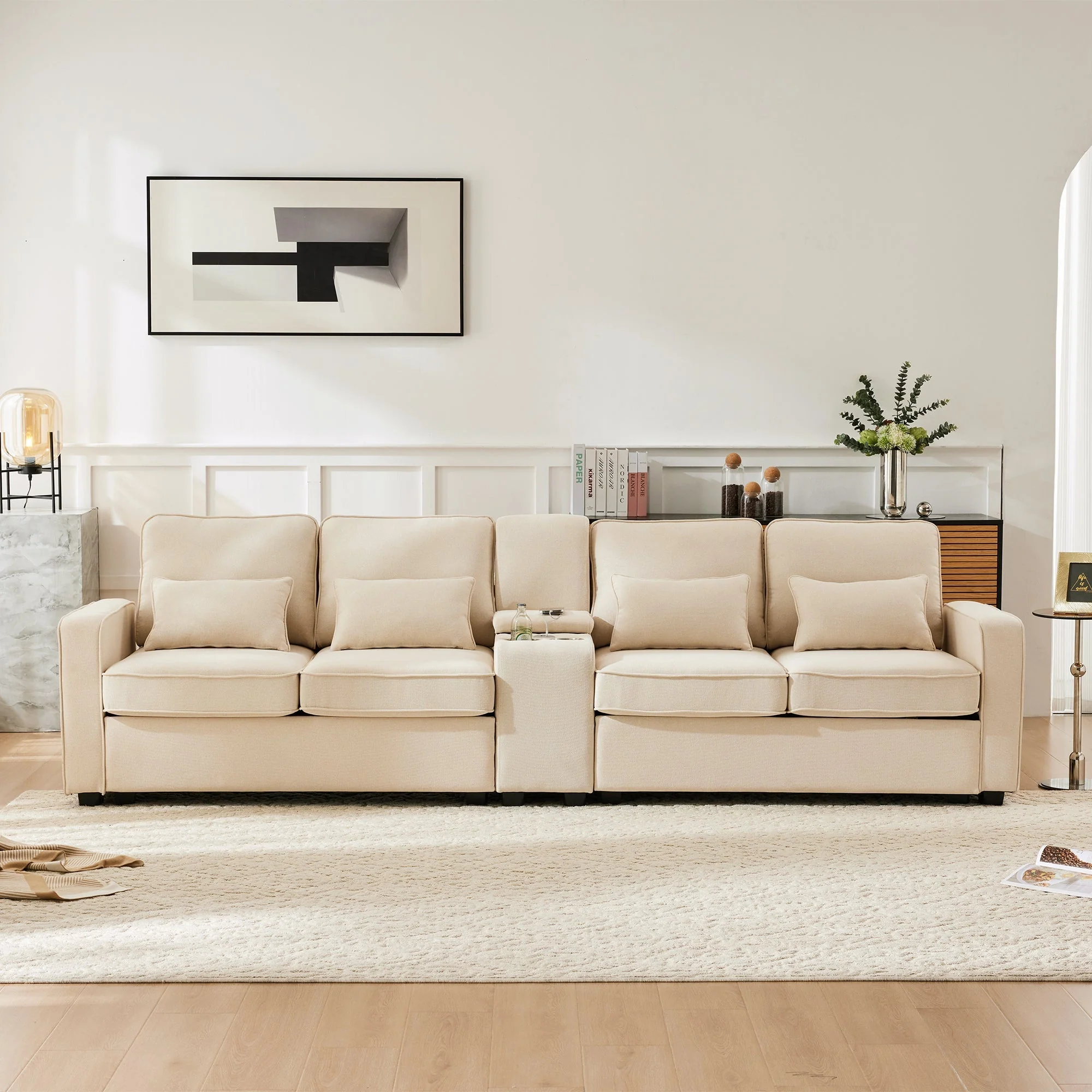 Sofa, 4-Seater with Console, Cup Holders, USB Ports, Linen Fabric - Image 2