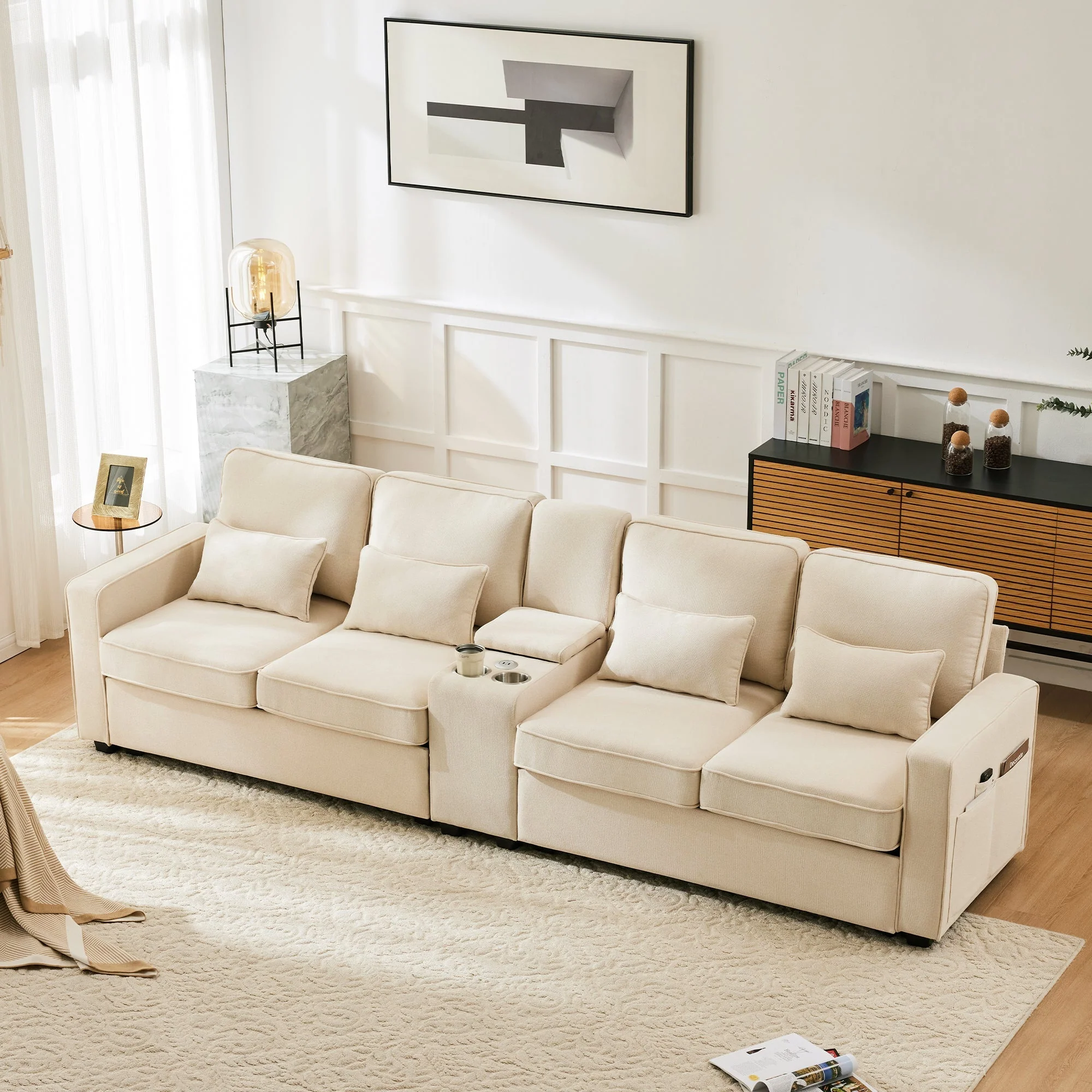 Sofa, 4-Seater with Console, Cup Holders, USB Ports, Linen Fabric - Image 3