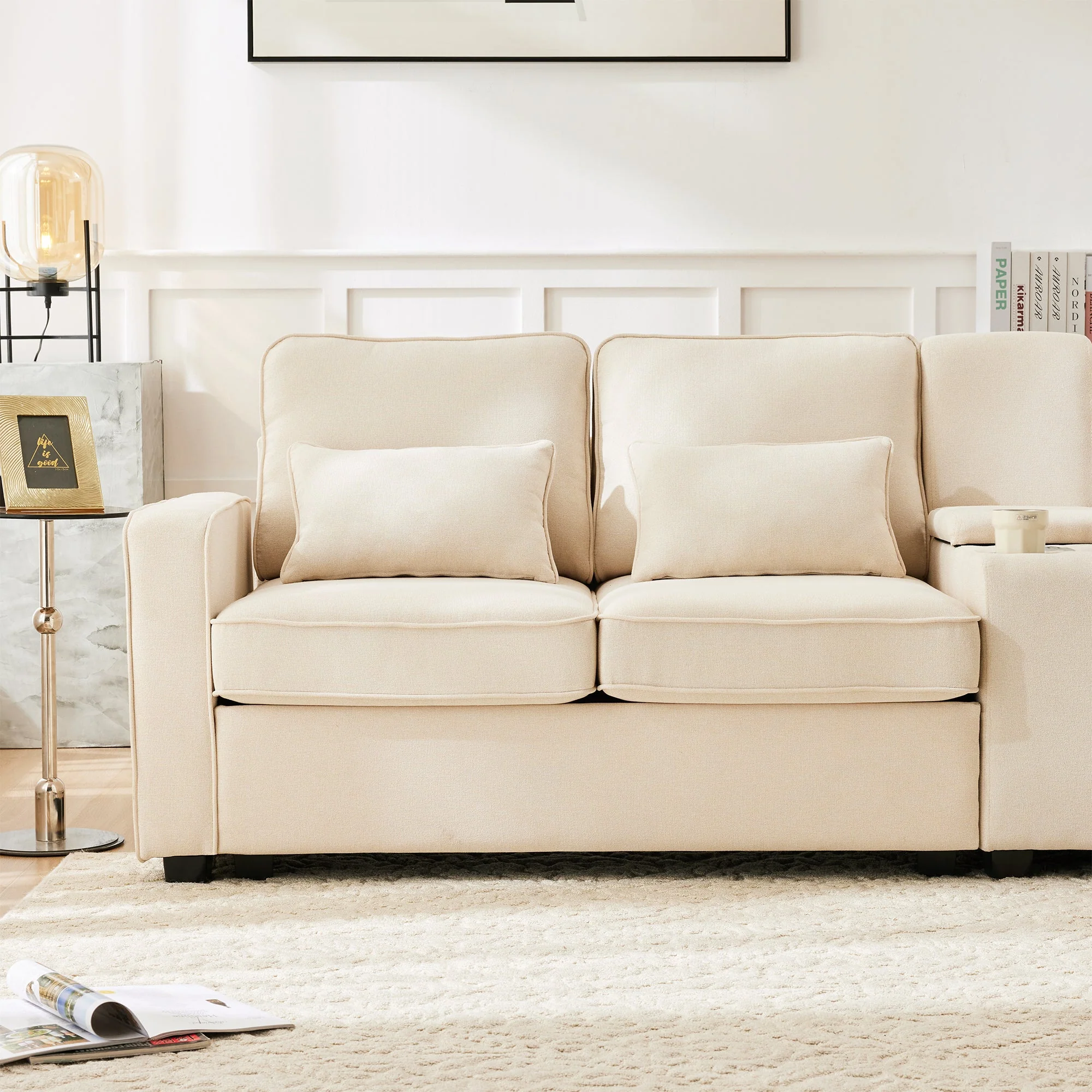 Sofa, 4-Seater with Console, Cup Holders, USB Ports, Linen Fabric - Image 5
