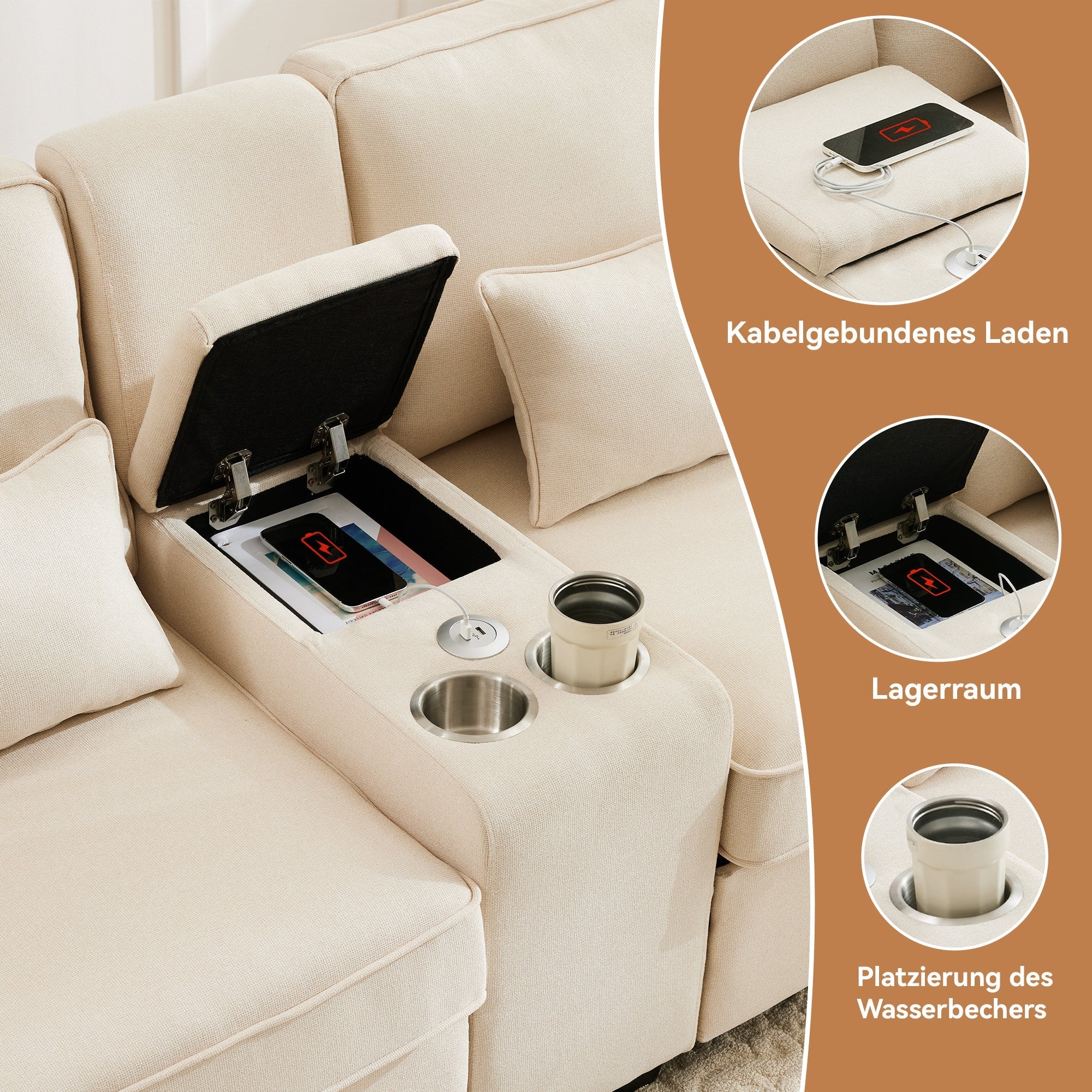 Sofa, 4-Seater with Console, Cup Holders, USB Ports, Linen Fabric - Image 7