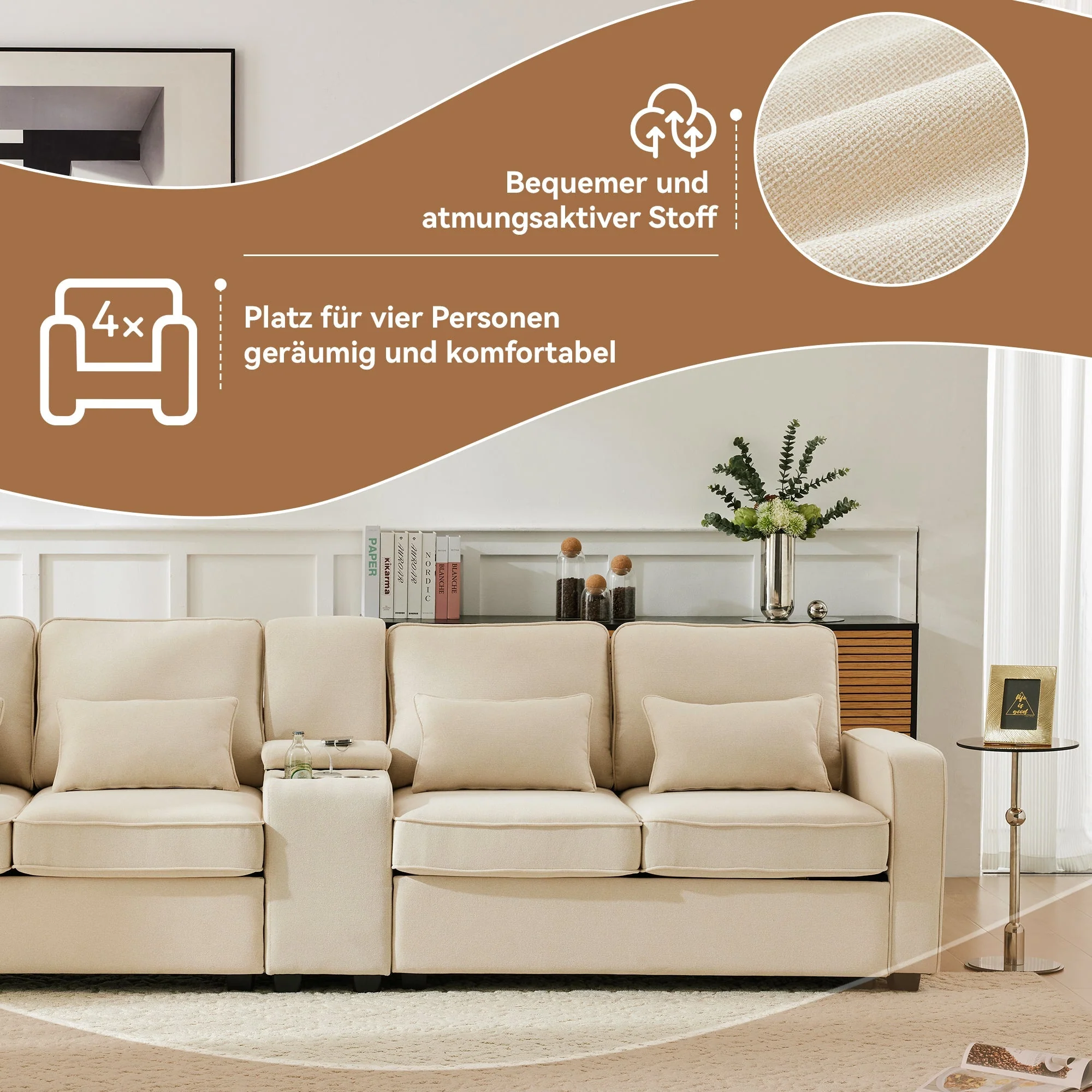 Sofa, 4-Seater with Console, Cup Holders, USB Ports, Linen Fabric - Image 8