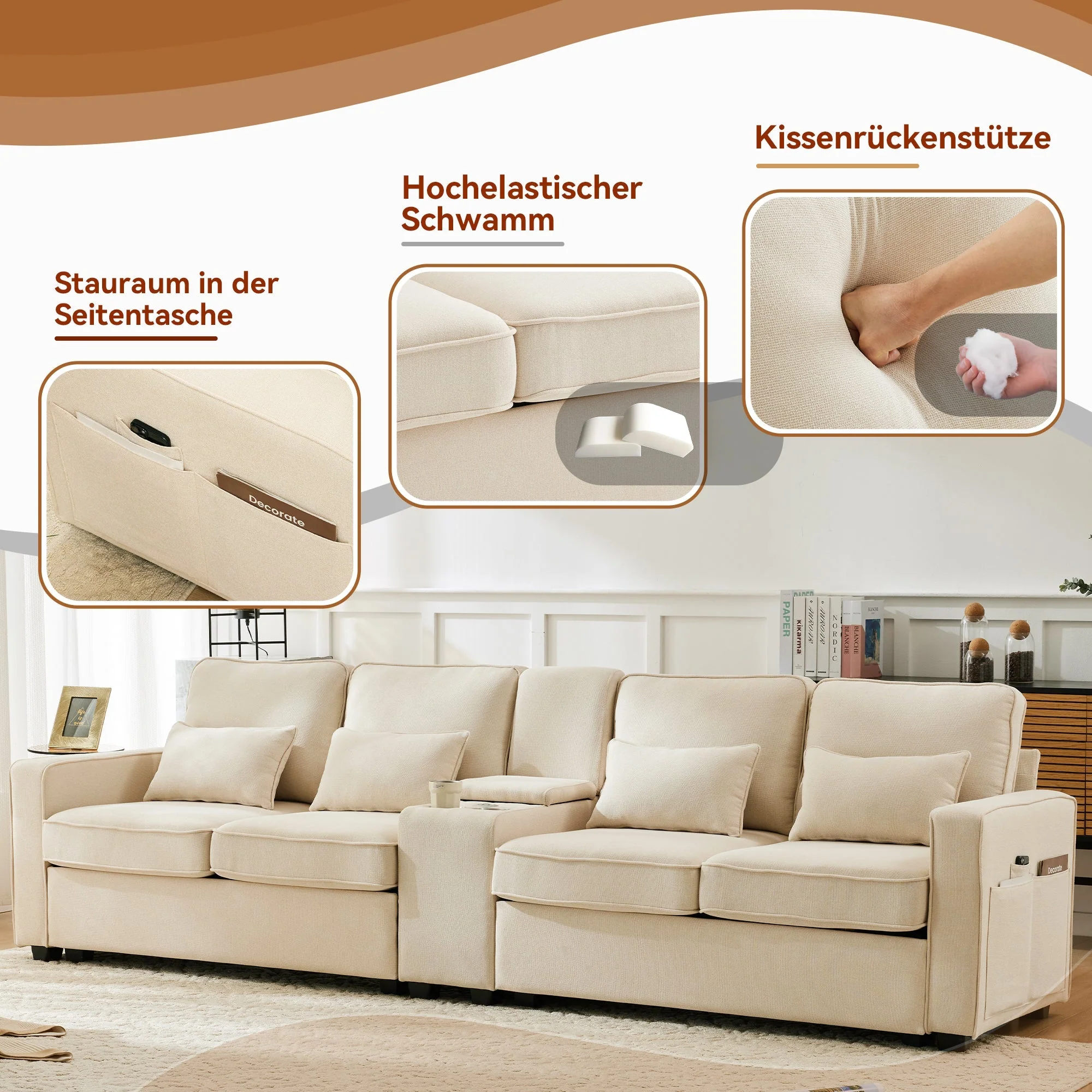 Sofa, 4-Seater with Console, Cup Holders, USB Ports, Linen Fabric - Image 9