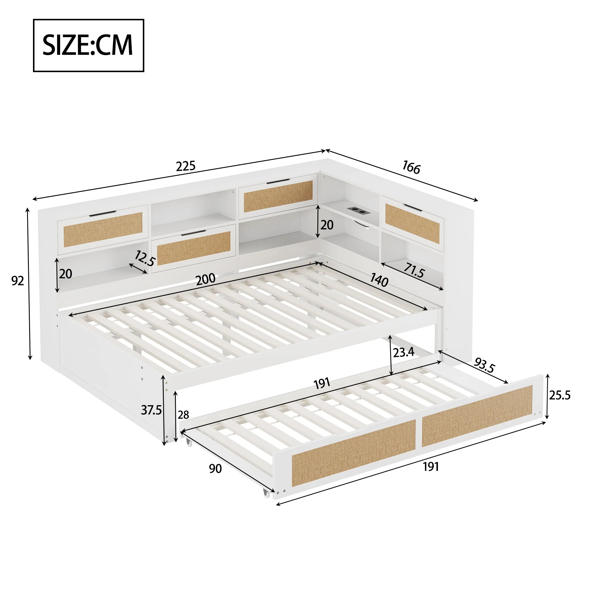 Sofa Bed, 140*200 Multifunctional with Pull-out & Storage, Wooden White - Image 10