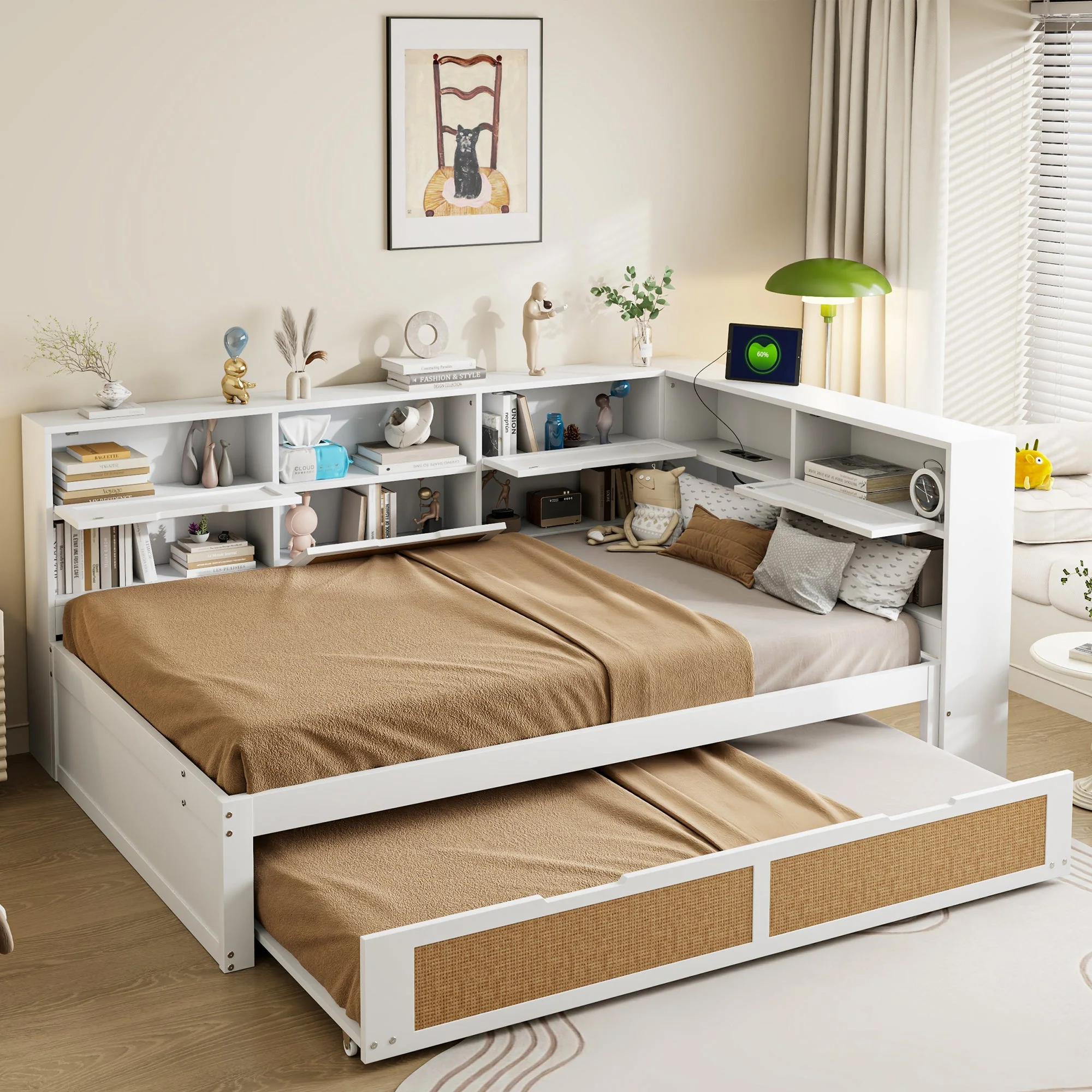 Sofa Bed, 140*200 Multifunctional with Pull-out & Storage, Wooden White - Image 3