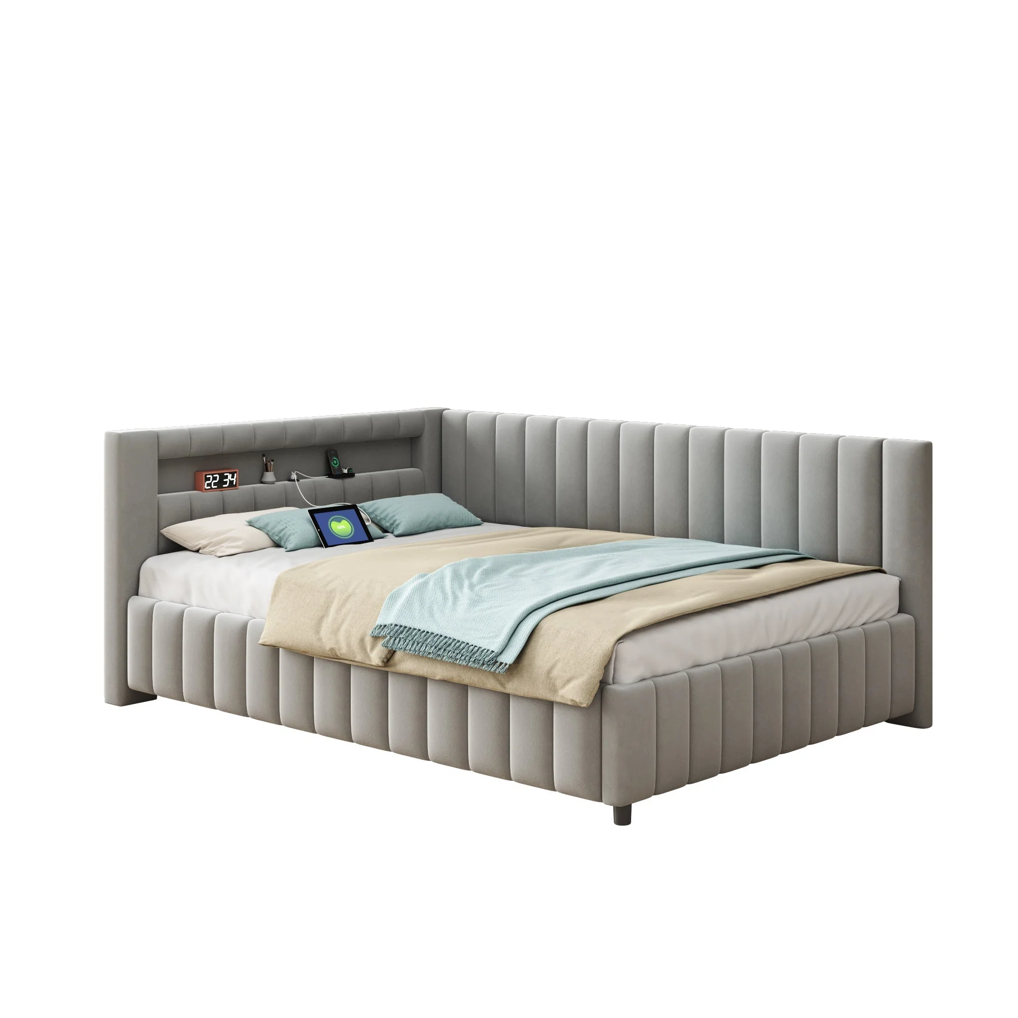 Sofa bed 140x200, LED light USB port, velvet grey - Image 6