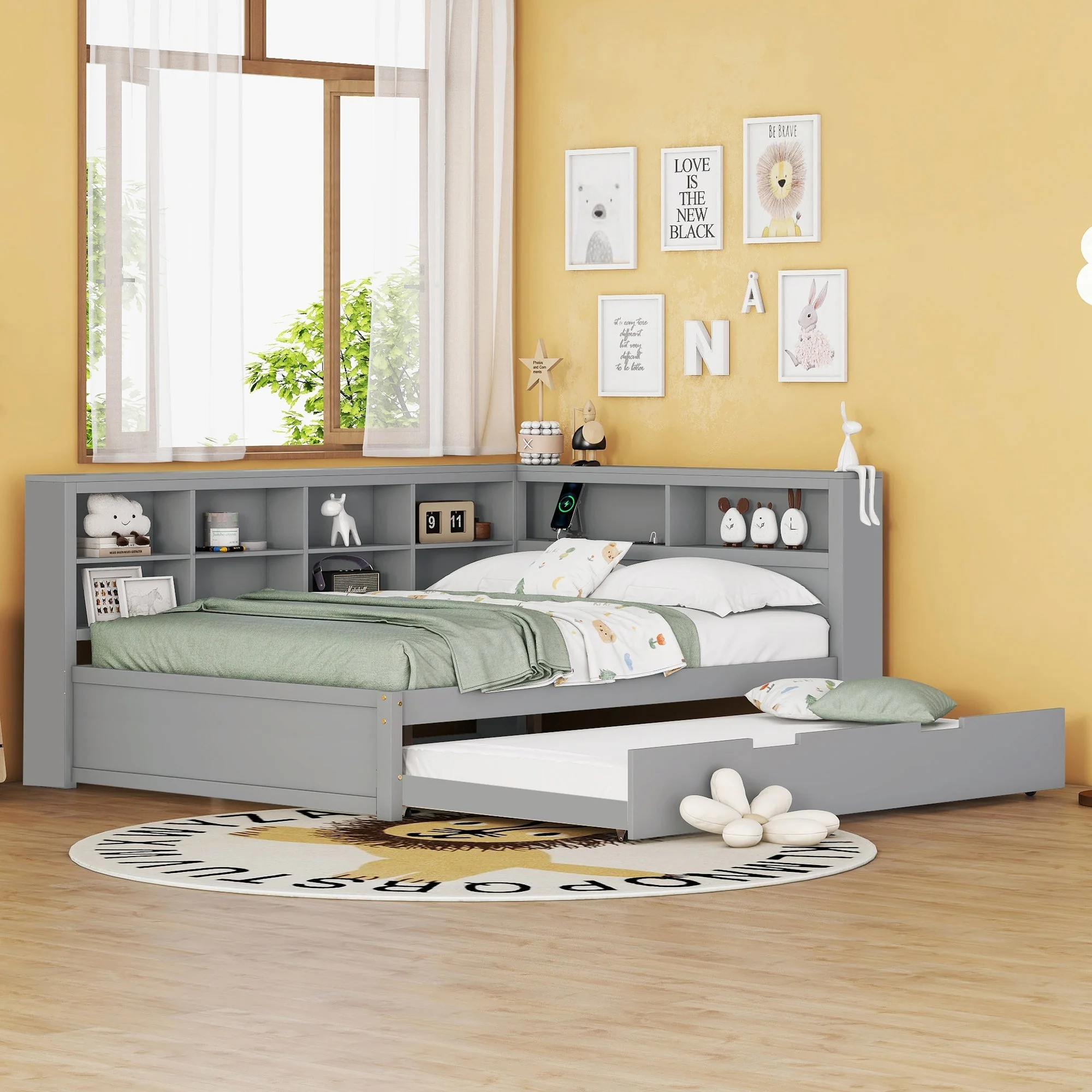 Sofa Bed 140x200 Pull-Out 90x190 with USB & Storage, Solid Wood, Gray - Image 4