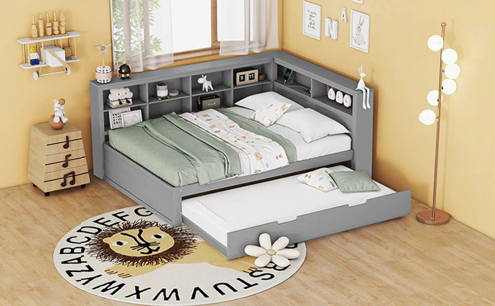 Sofa Bed 140x200 Pull-Out 90x190 with USB & Storage, Solid Wood, Gray - Image 5