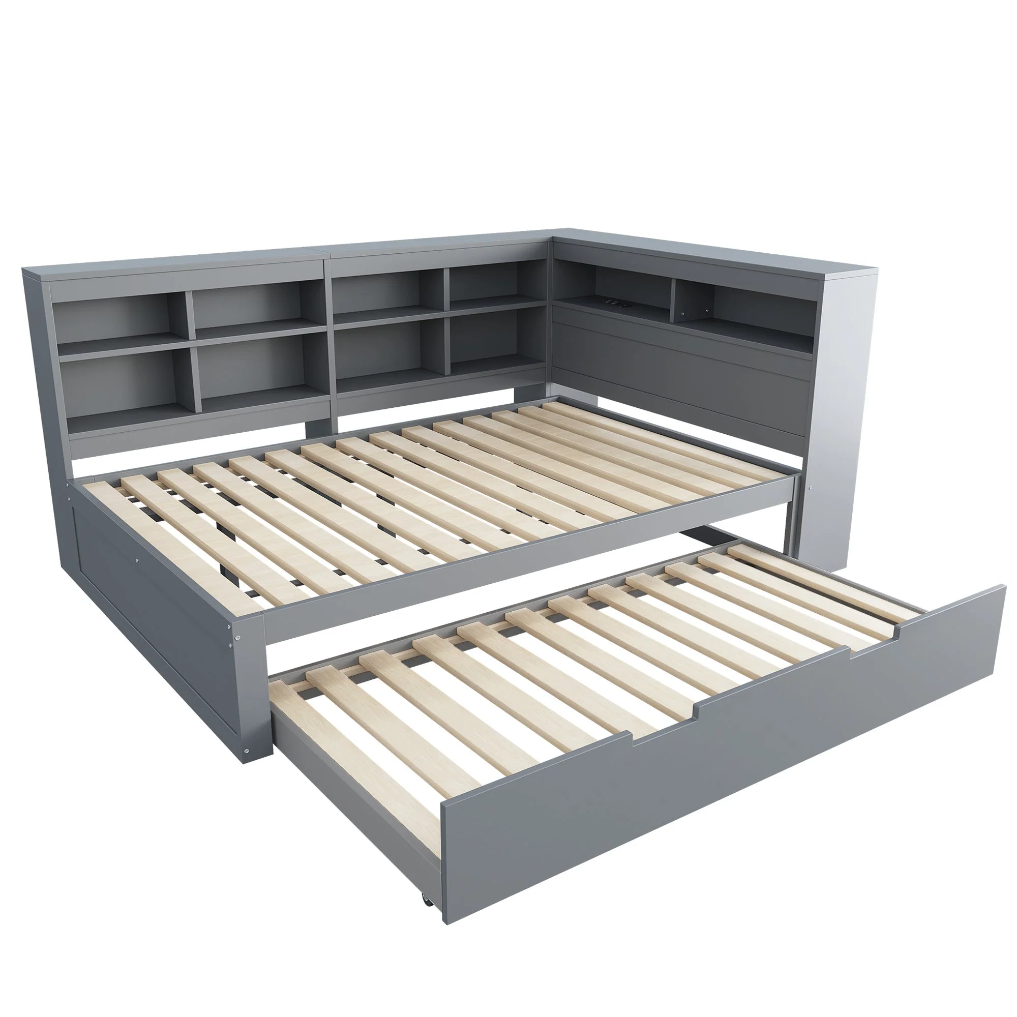 Sofa Bed 140x200 Pull-Out 90x190 with USB & Storage, Solid Wood, Gray - Image 6
