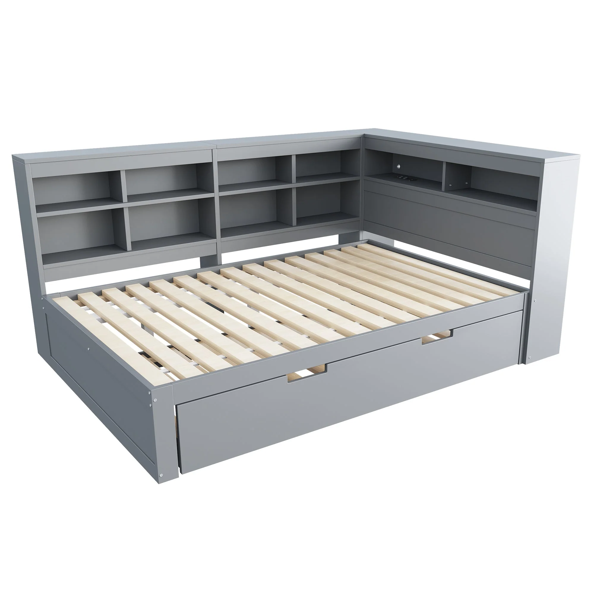 Sofa Bed 140x200 Pull-Out 90x190 with USB & Storage, Solid Wood, Gray - Image 7