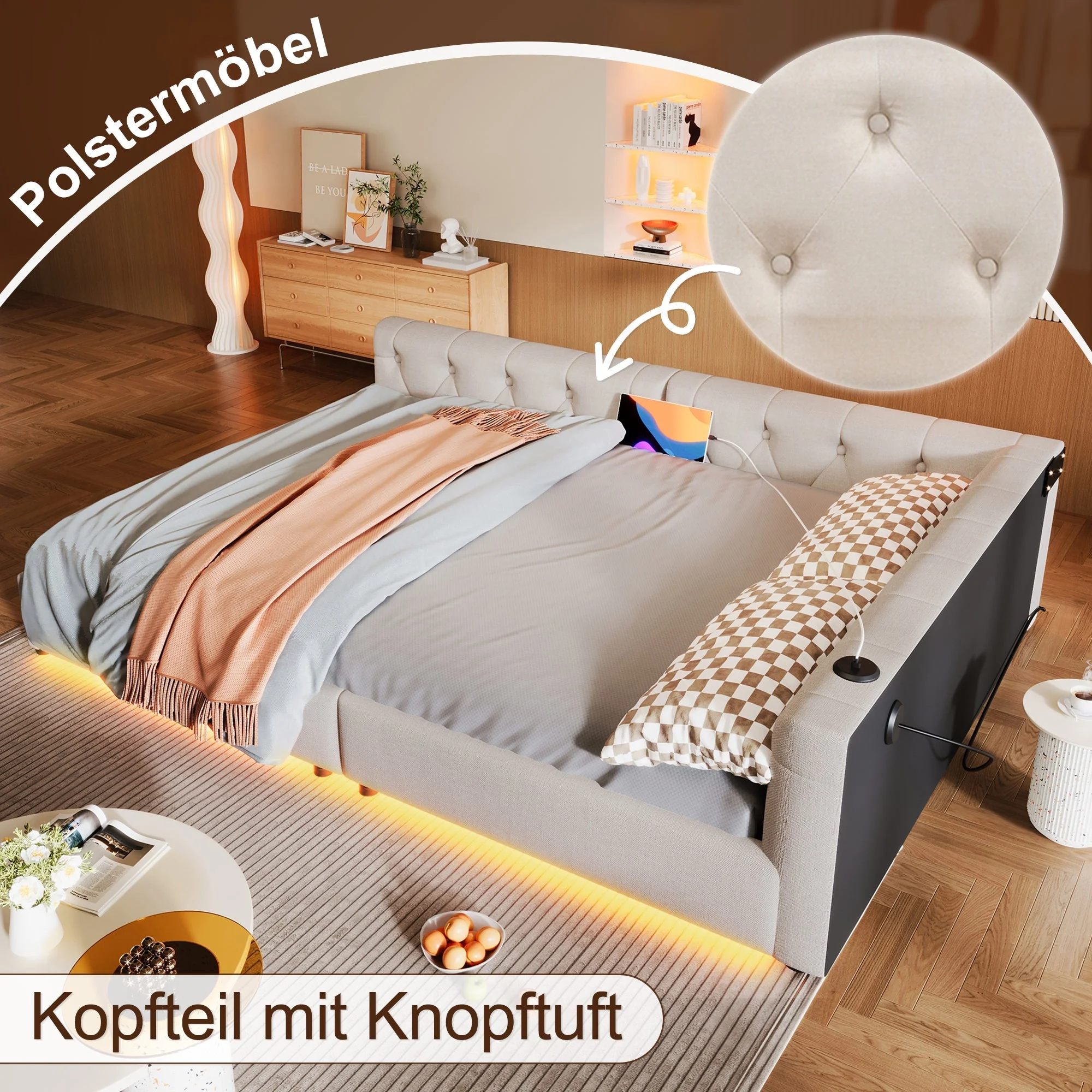 Sofa Bed 140x200cm LED Light USB/Type-C Button Tufting - Beige Linen - Image 2
