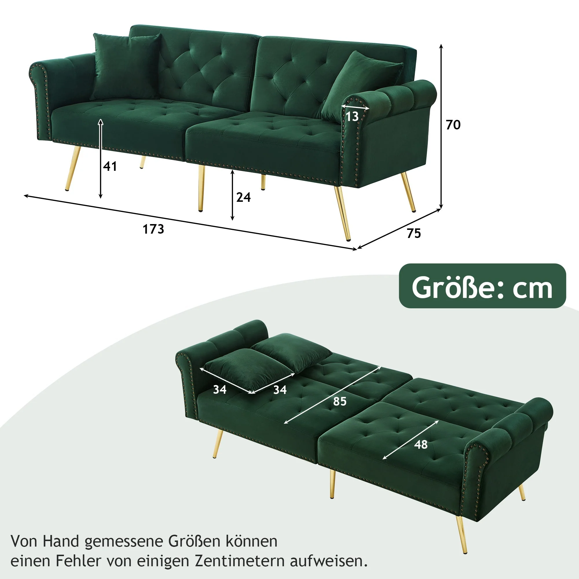 Sofa Bed, 2-Seater Adjustable Backrest Space-Saving, Velvet - Image 6