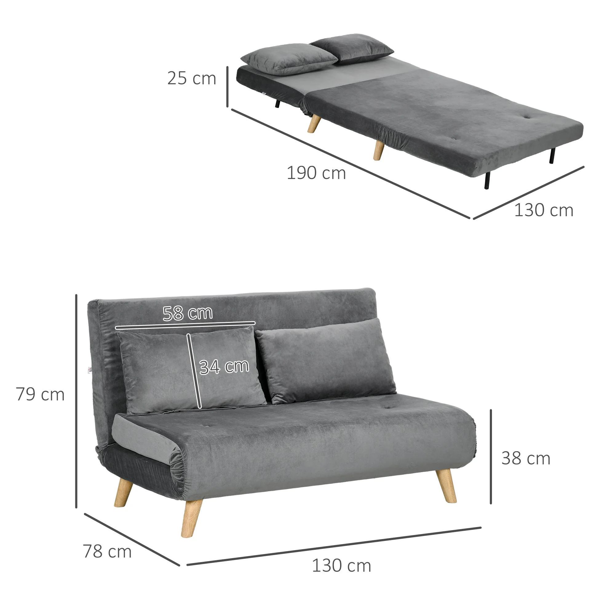 Sofa Bed 2-Seater Foldable Adjustable Backrest, Grey Velvet - Image 3