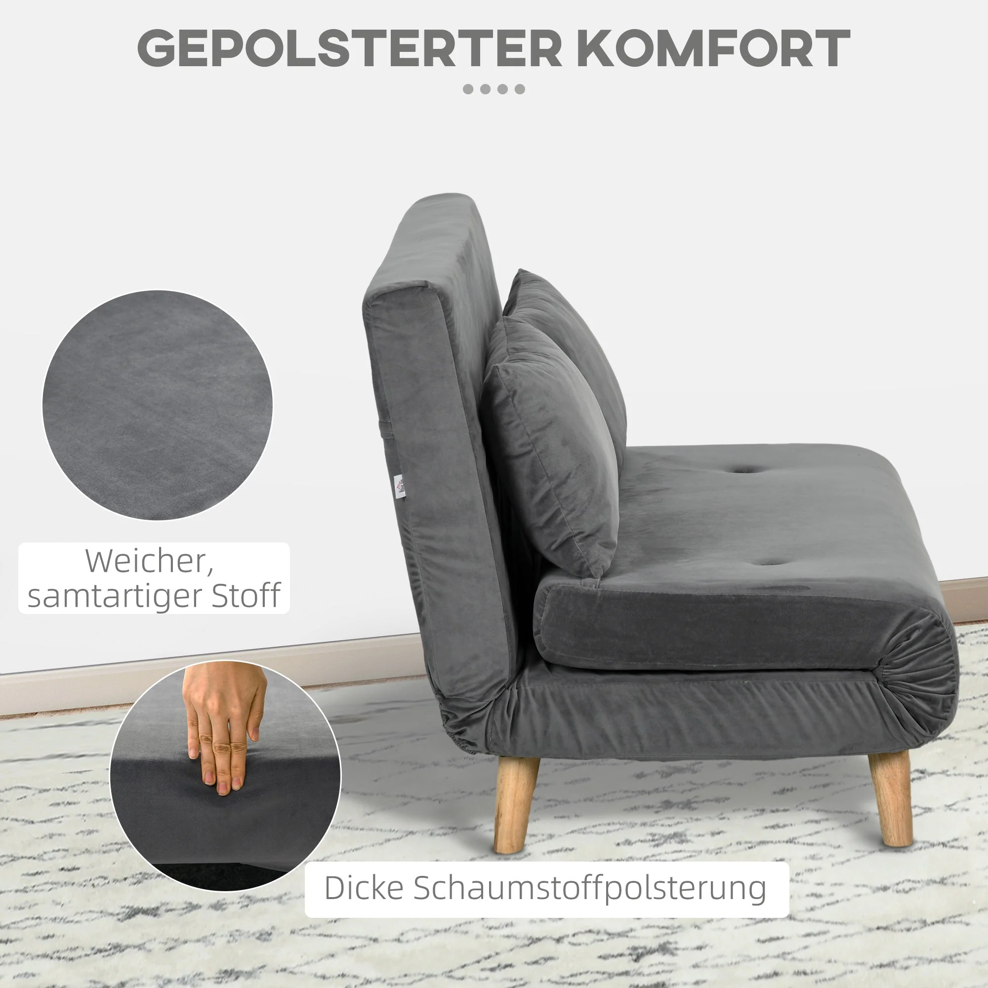 Sofa Bed 2-Seater Foldable Adjustable Backrest, Grey Velvet - Image 6