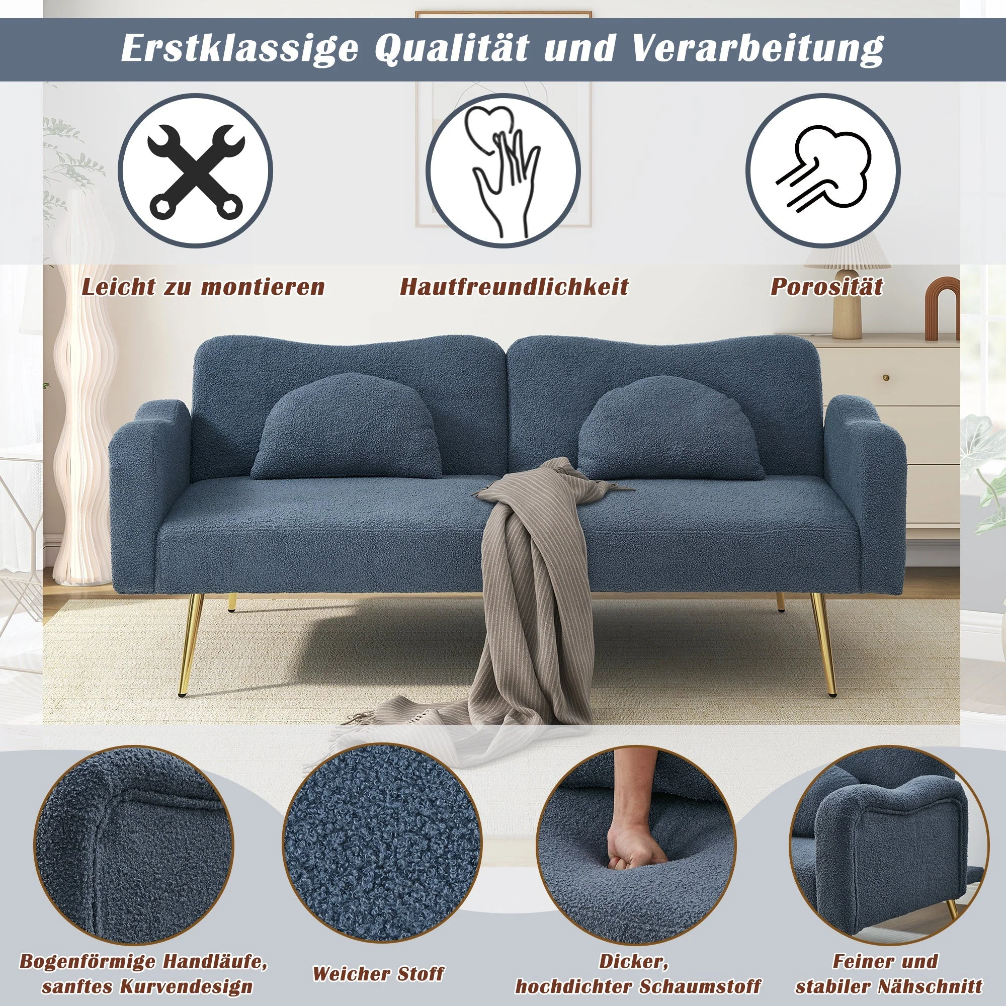 Sofa Bed, 2-Seater with Adjustable Backrest, Gold-Plated Metal Feet - Image 4