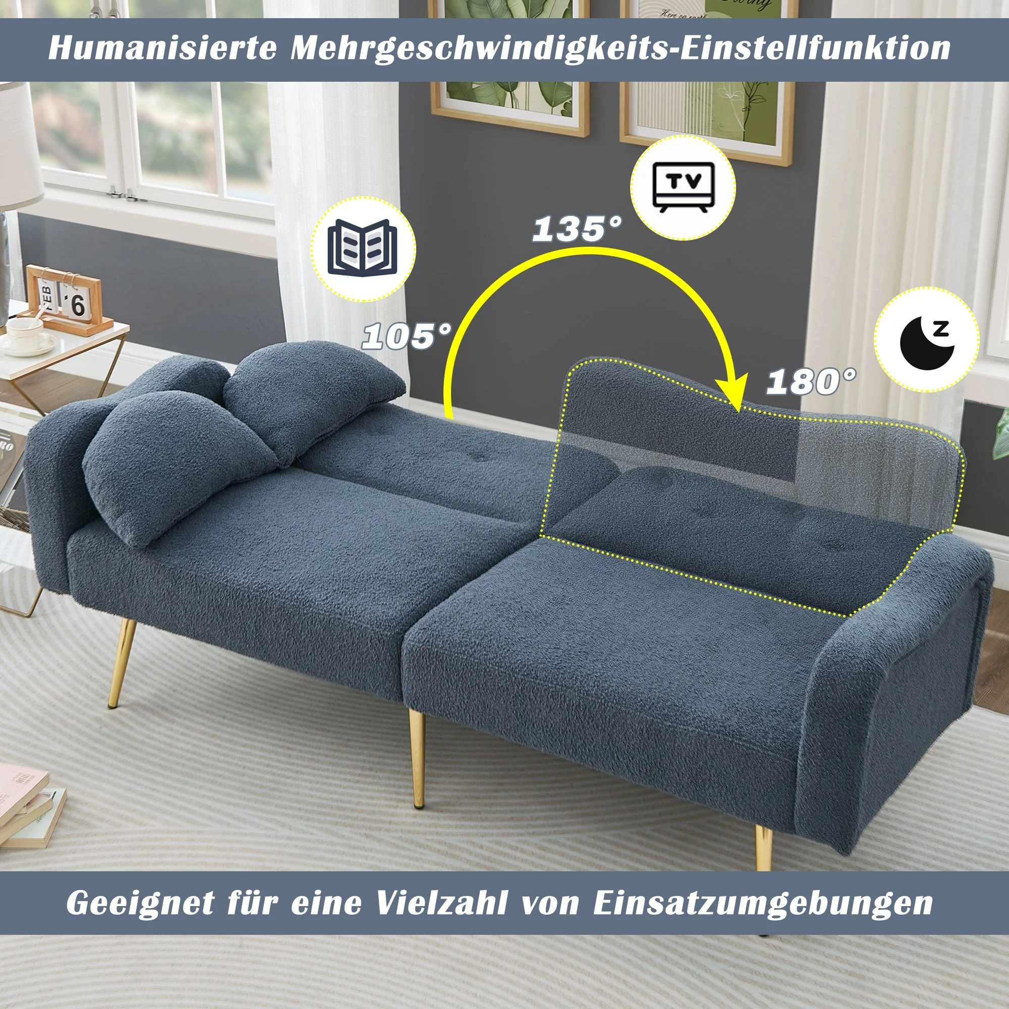 Sofa Bed, 2-Seater with Adjustable Backrest, Gold-Plated Metal Feet - Image 5
