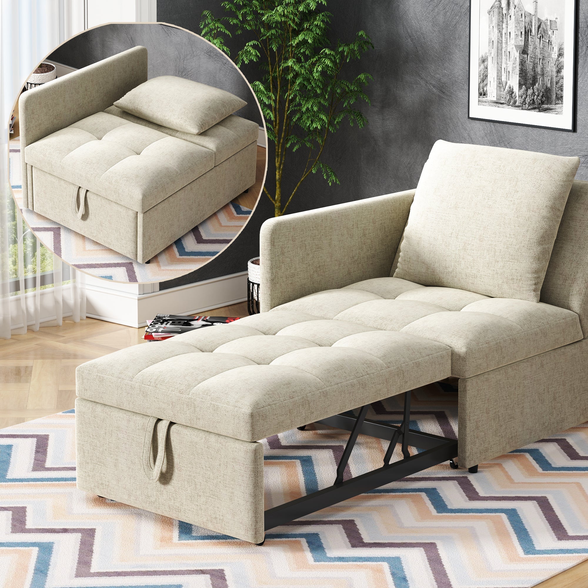 Sofa Bed, 3-in-1 Multifunctional Recliner, Linen Fabric