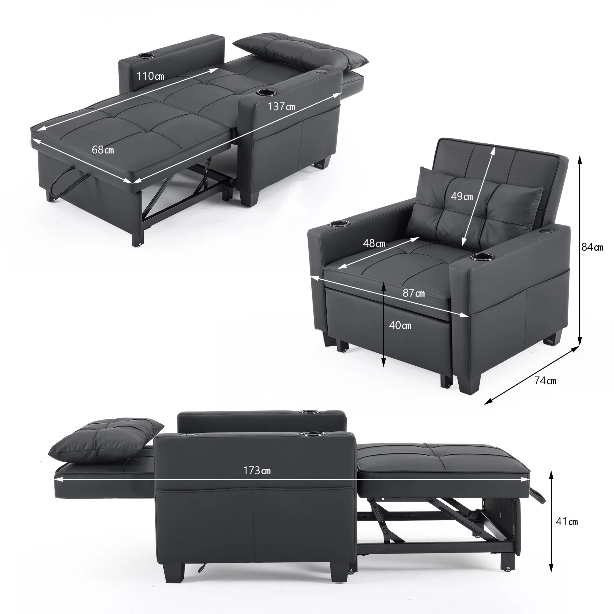 Sofa Bed, 3-in-1 Pull-Out with Cup Holders & USB Port - Image 6