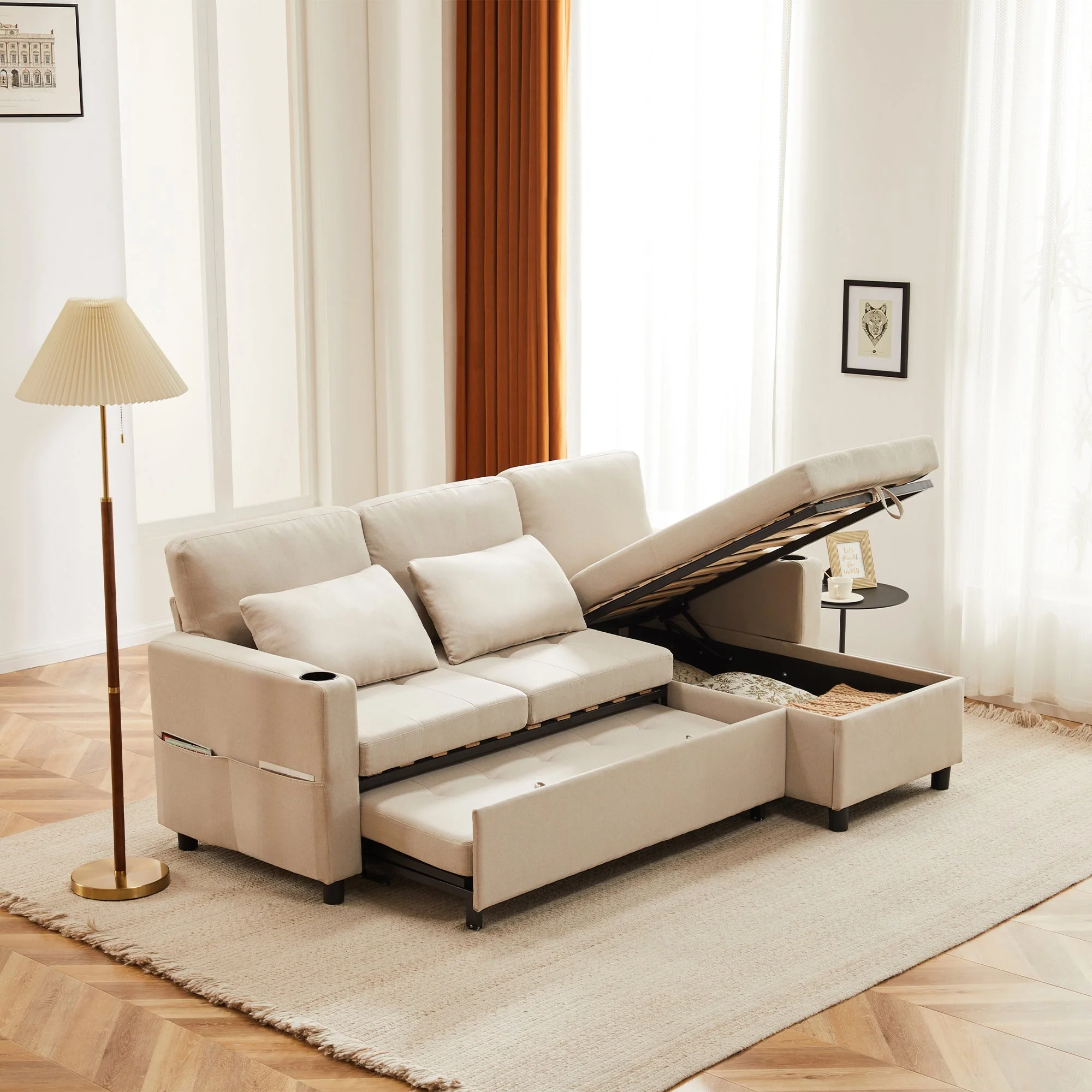 Sofa Bed, 3 Seater L-Shaped Sectional with Pull-out Storage, Convertible Settee for Living Room, Beige Fabric - Image 2