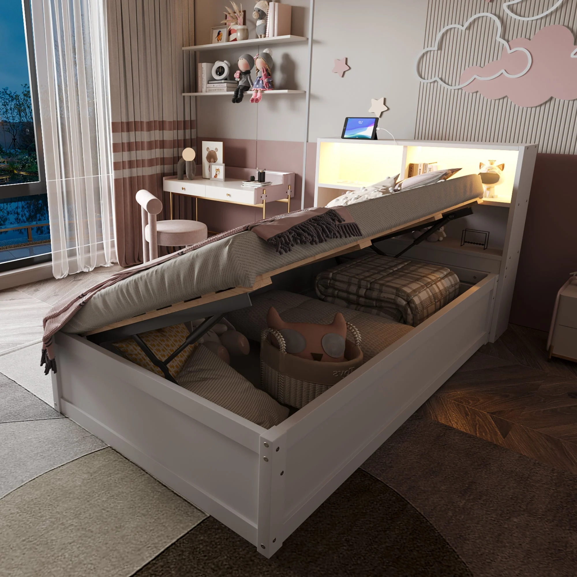 Sofa Bed 90*200, Hydraulic with Storage & Light Bar, White Wood - Image 3