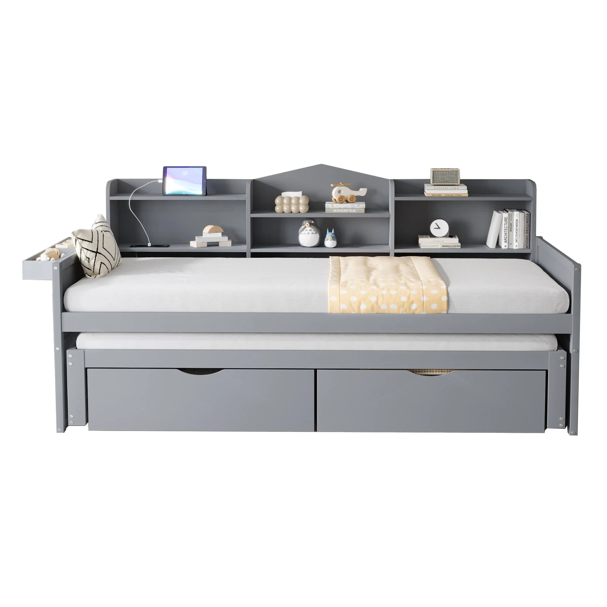 Sofa bed 90*200 with Pull-Out Bed, Drawers & USB Socket, Wood, Gray - Image 5