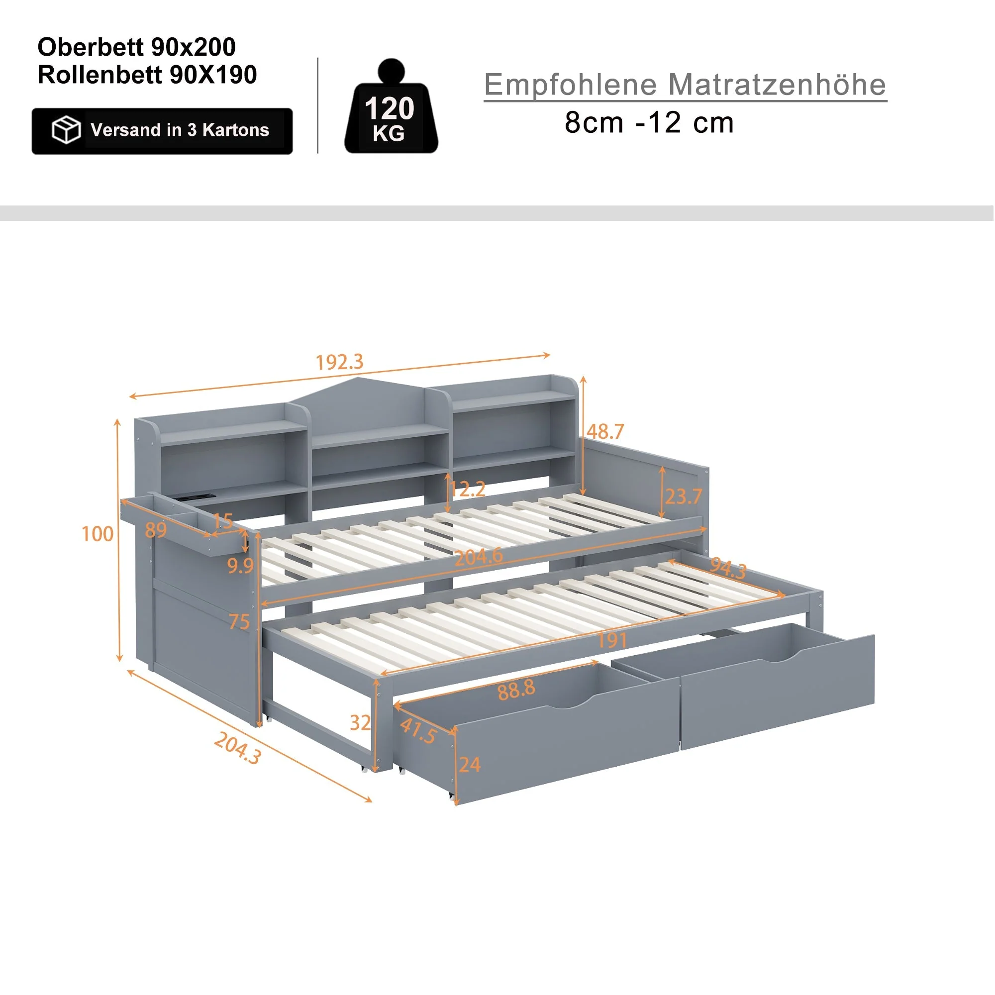 Sofa bed 90*200 with Pull-Out Bed, Drawers & USB Socket, Wood, Gray - Image 6