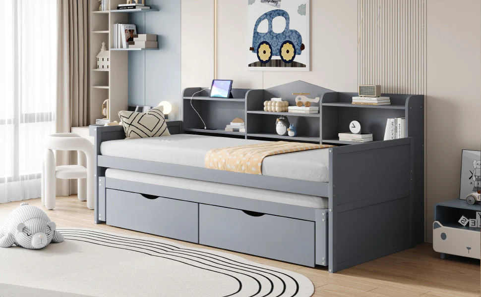 Sofa bed 90*200 with Pull-Out Bed, Drawers & USB Socket, Wood, Gray - Image 8