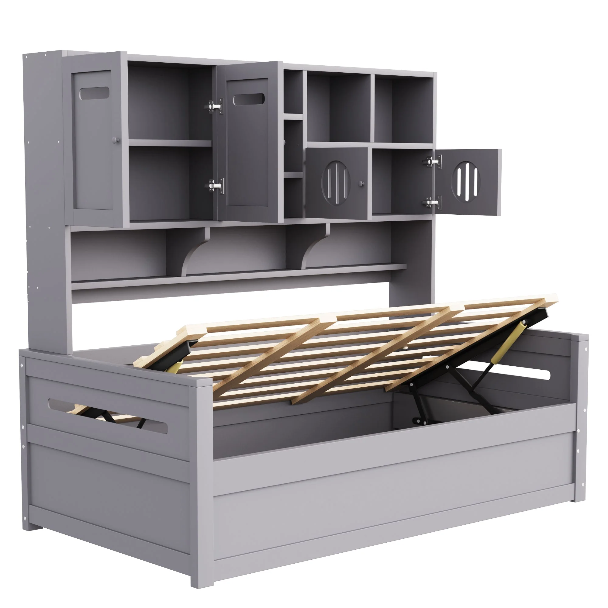 Sofa Bed, 90 x 200 cm Multifunctional Hydraulic Single Bed Frame, Grey Wood - Image 7
