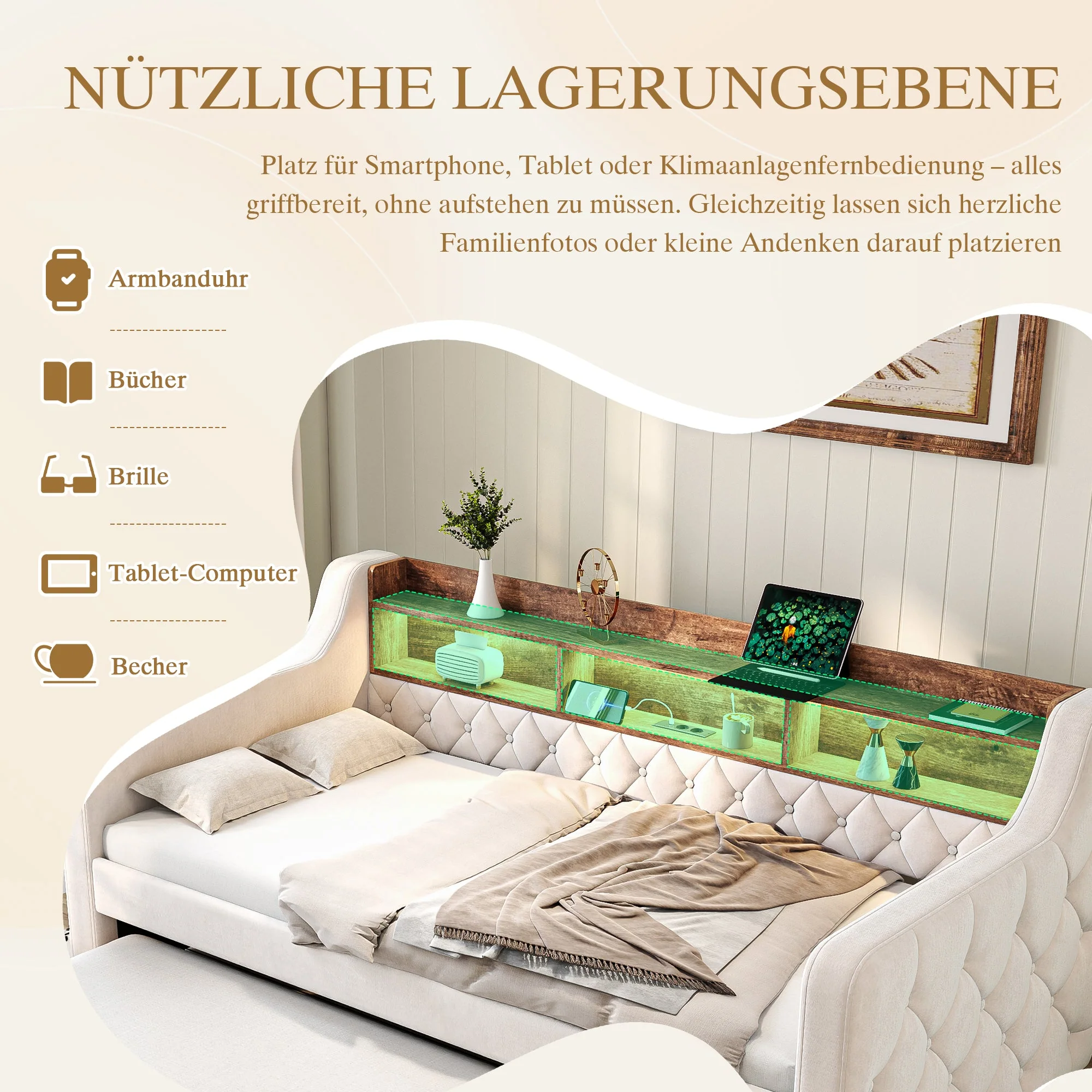 Sofa Bed 90x190cm Storage LED USB-C - Beige Velvet - Image 10