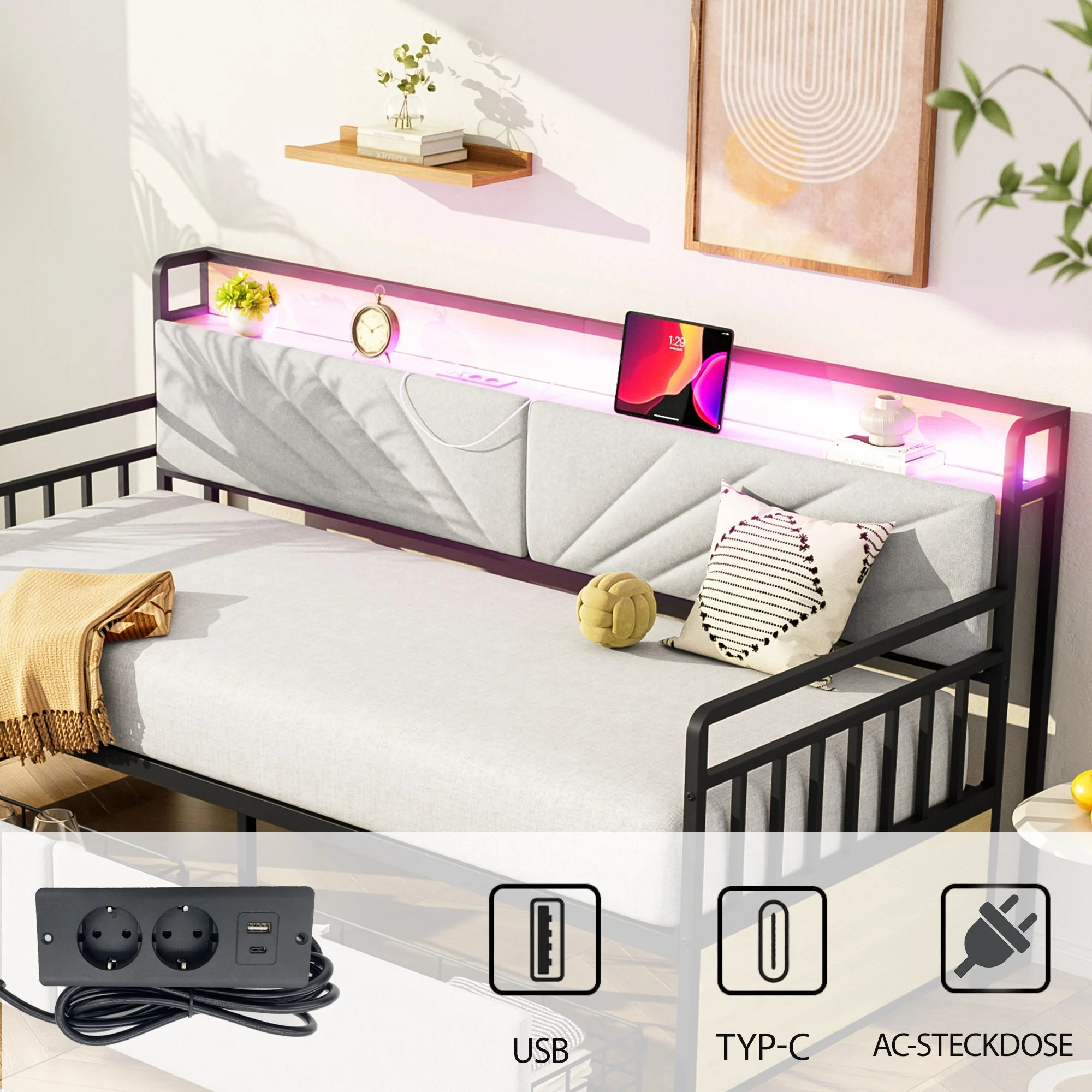 Sofa Bed, 90x200 cm LED, Shelves & Drawers, Beige Iron - Image 4