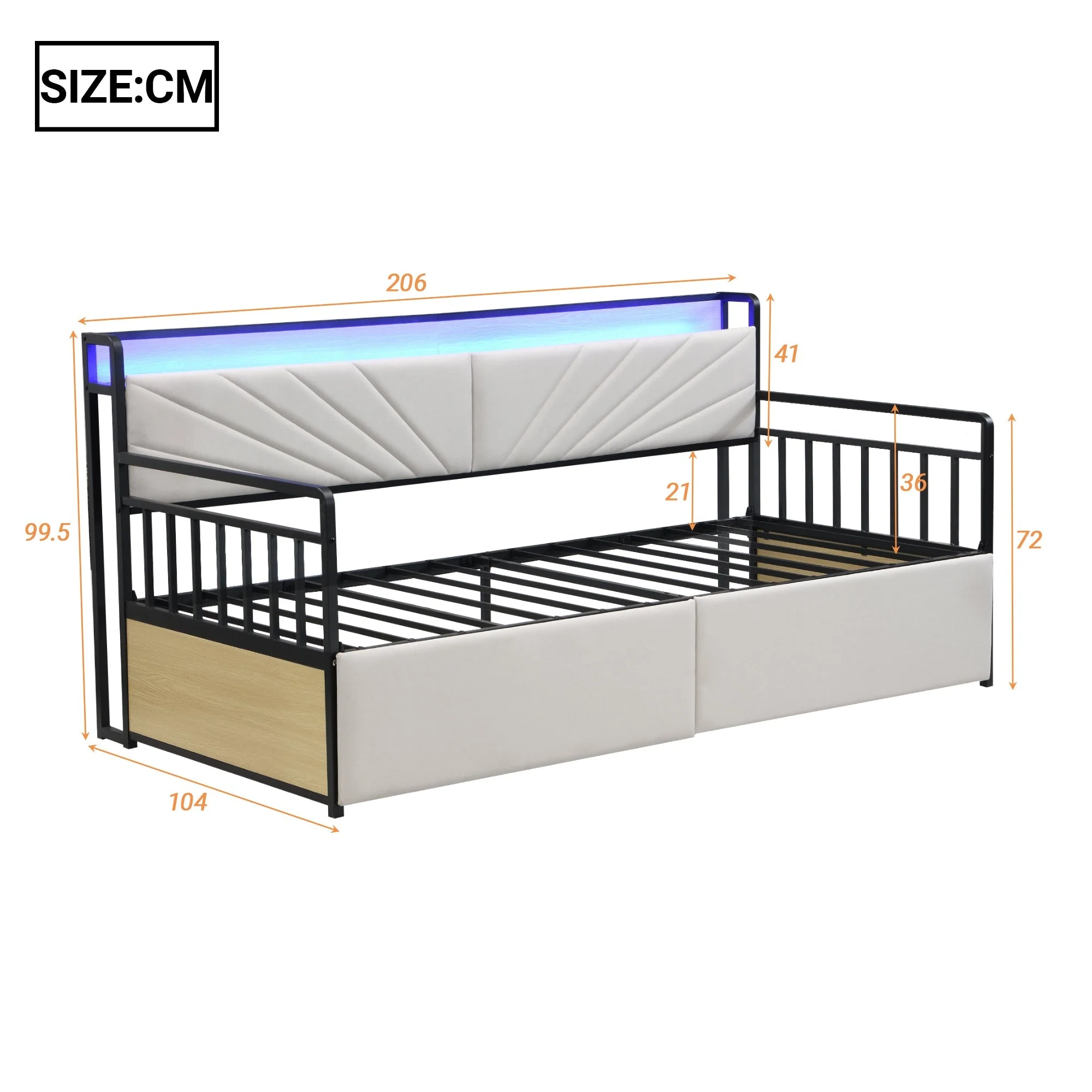 Sofa Bed, 90x200 cm LED, Shelves & Drawers, Beige Iron - Image 8
