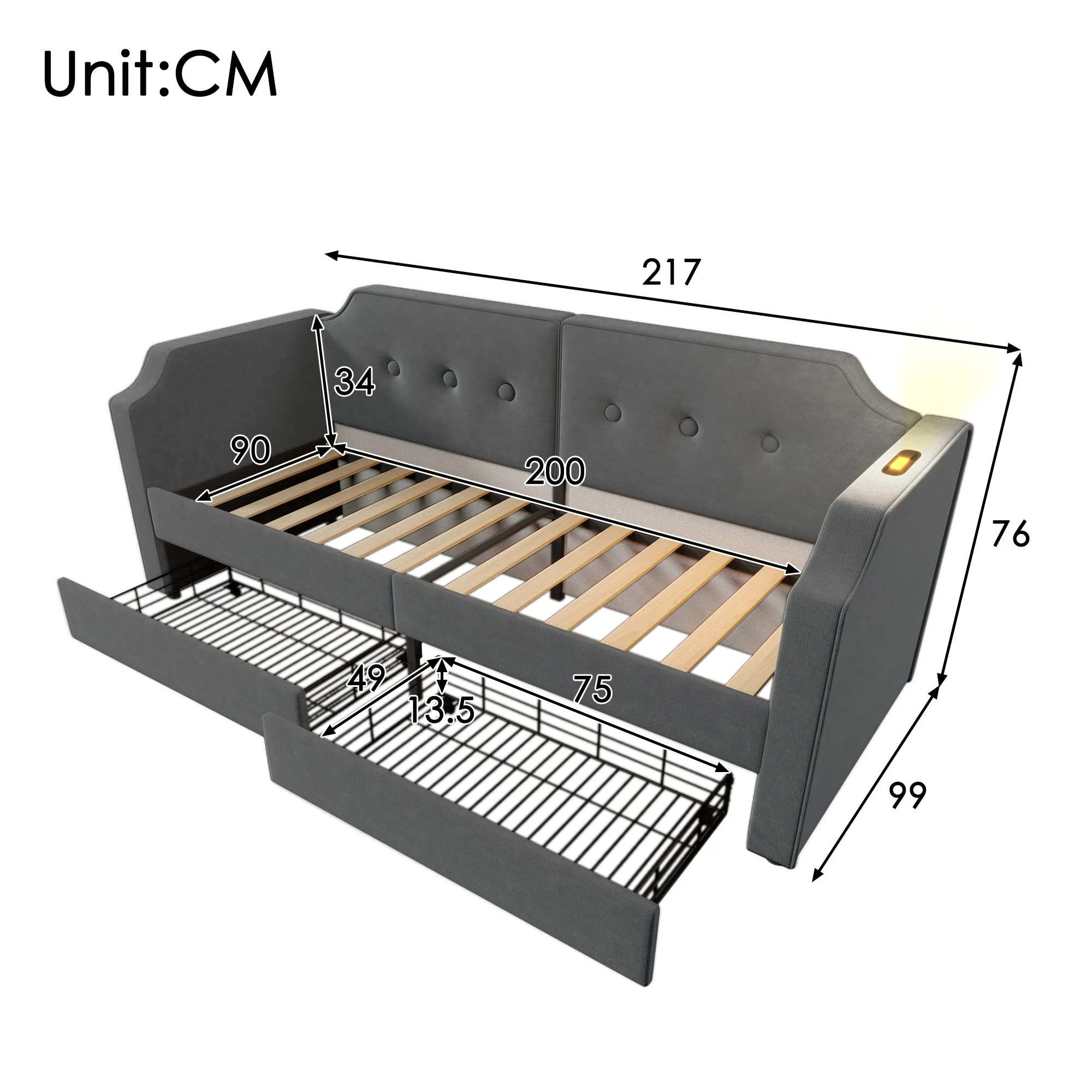 Sofa Bed 90x200 cm, USB-C Reading Light, 2 Storage Drawers, Velvet Gray - Image 5