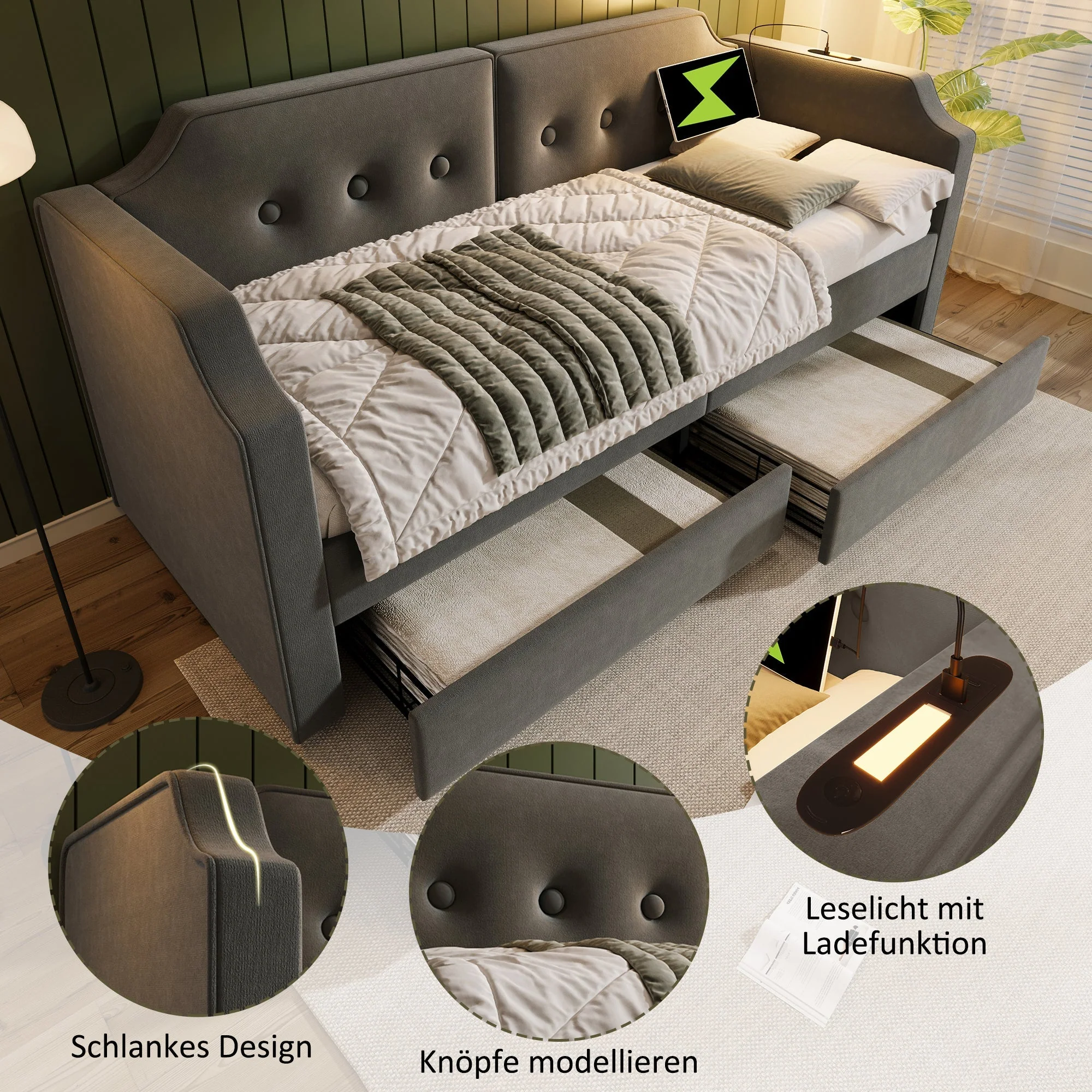 Sofa Bed 90x200 cm, USB-C Reading Light, 2 Storage Drawers, Velvet Gray - Image 6