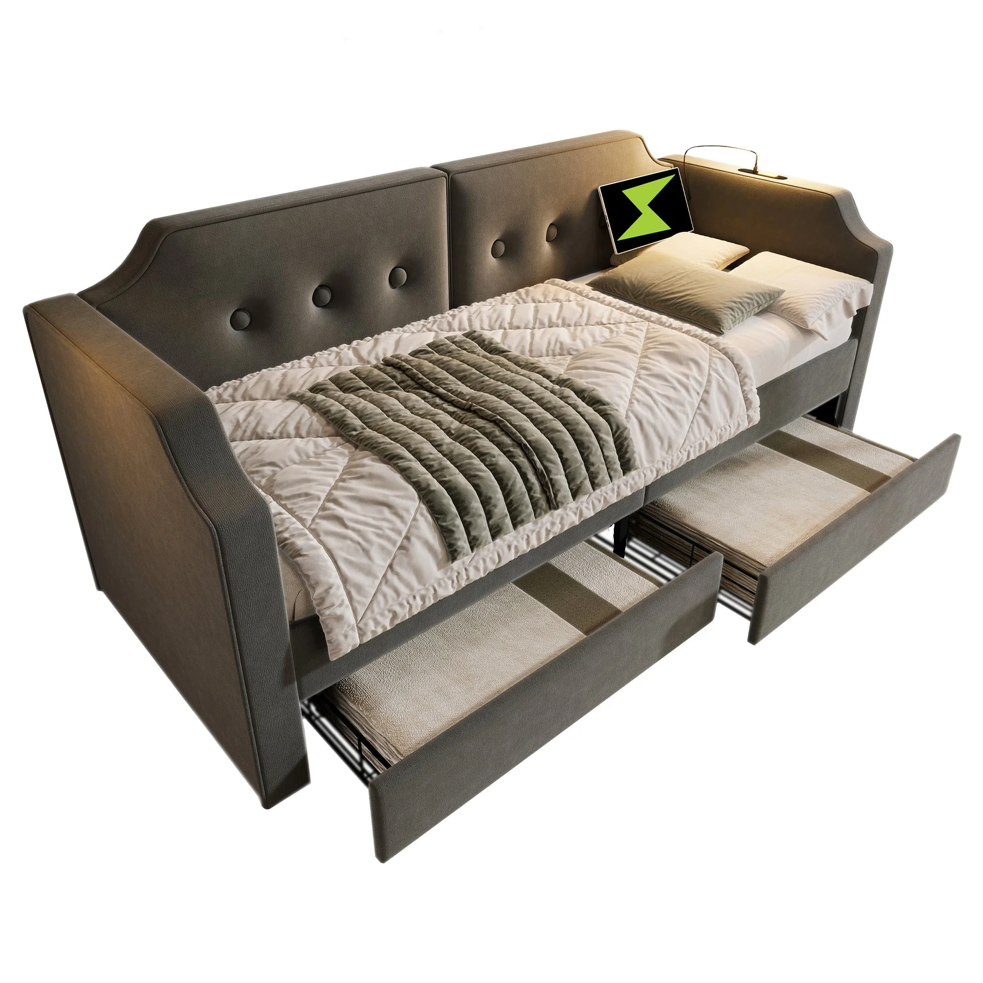 Sofa Bed 90x200 cm, USB-C Reading Light, 2 Storage Drawers, Velvet Gray - Image 8