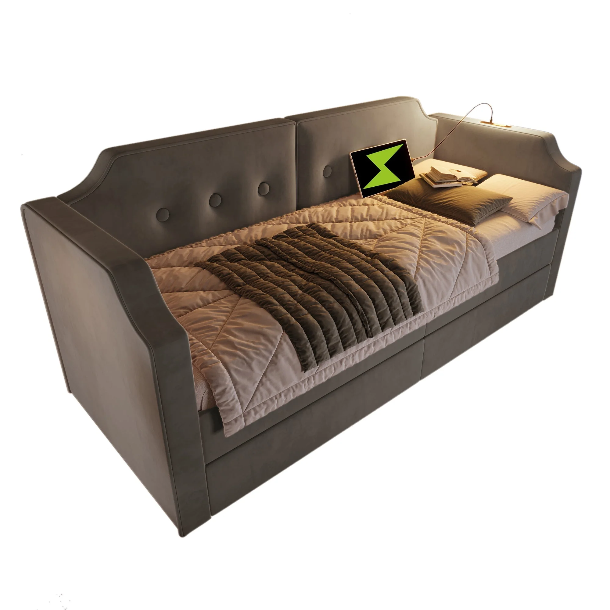 Sofa Bed 90x200 cm, USB-C Reading Light, 2 Storage Drawers, Velvet Gray - Image 9