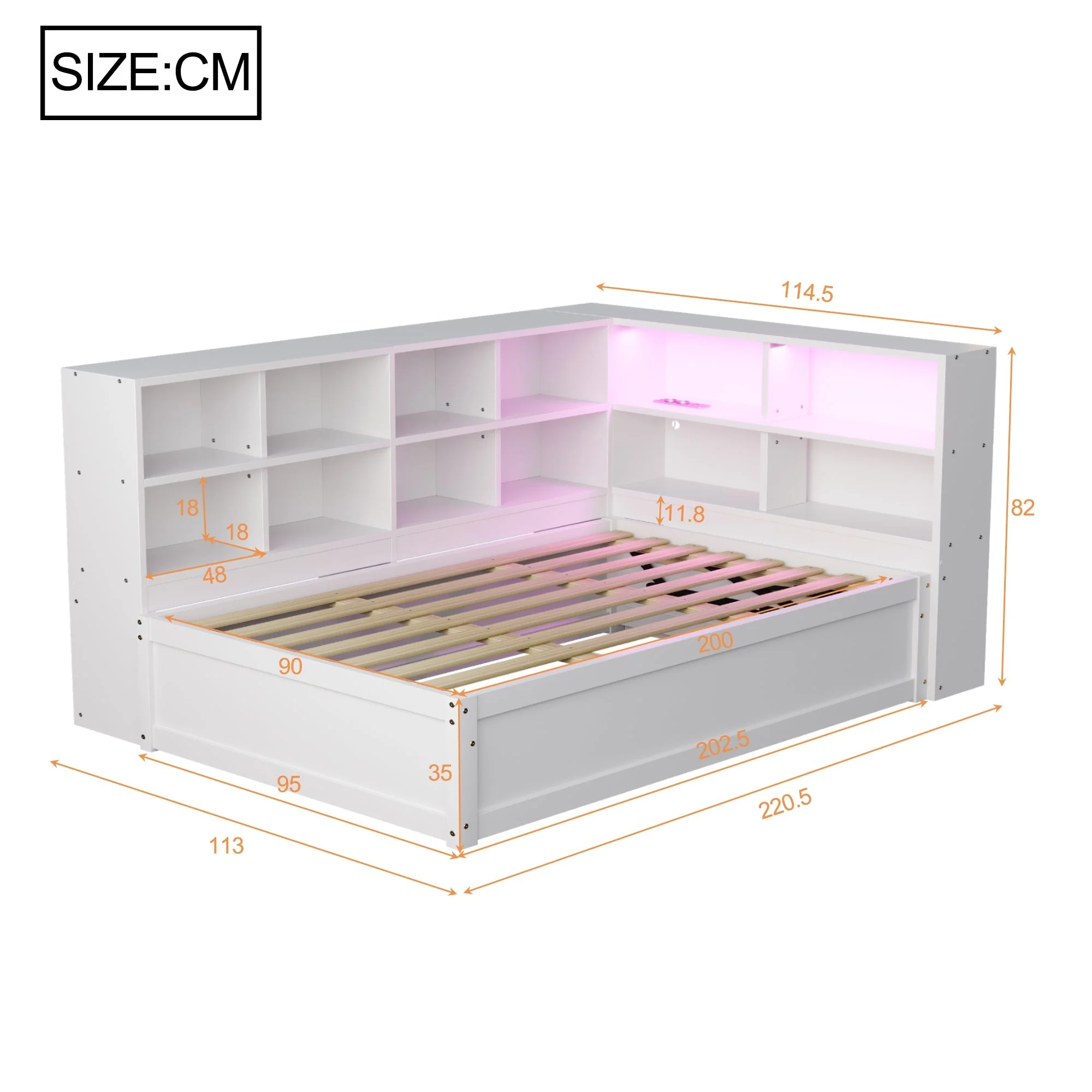 Sofa Bed, 90x200 Multifunctional with Sockets, Storage, Light Bar, Hydraulic, Solid Wood, White - Image 4