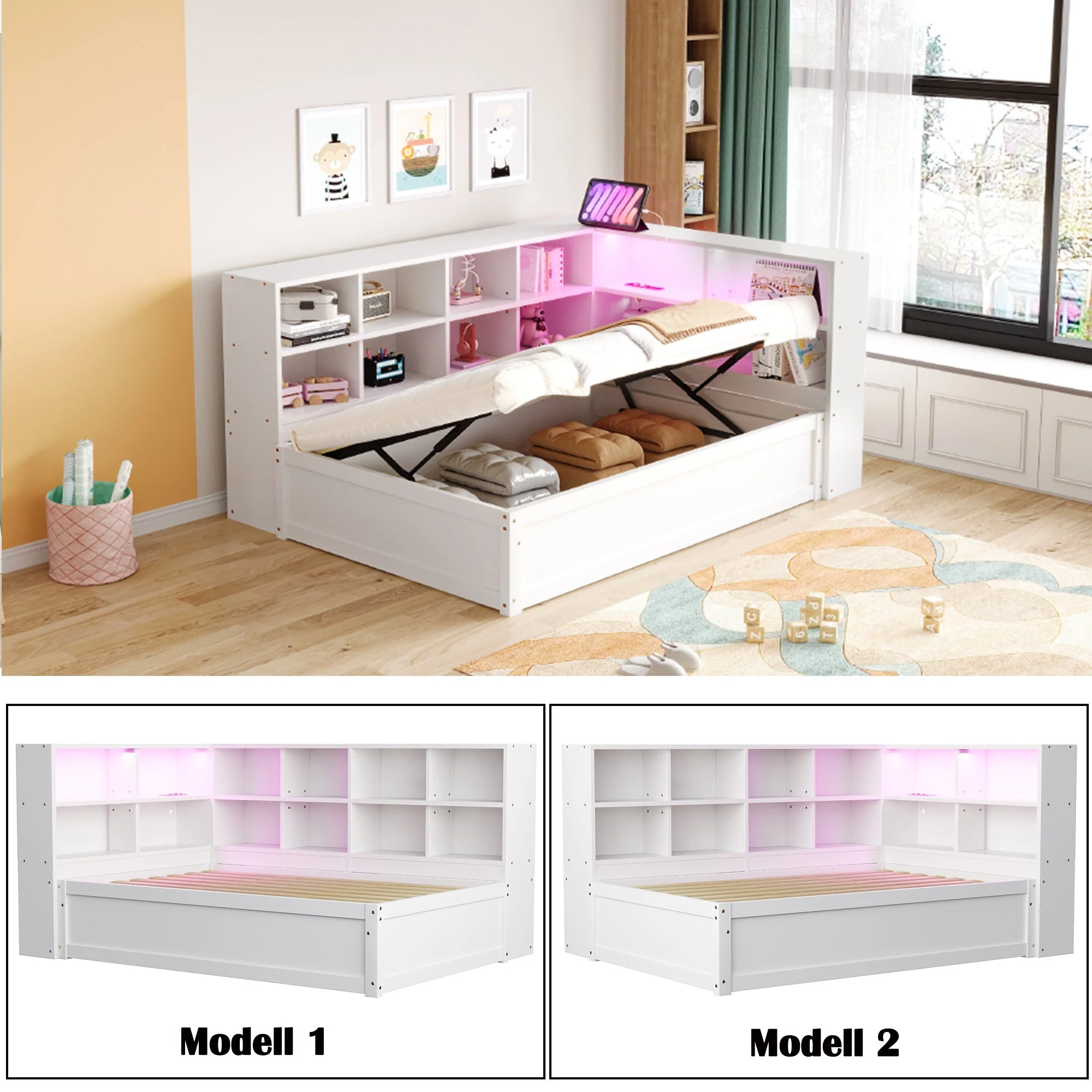 Sofa Bed, 90x200 Multifunctional with Sockets, Storage, Light Bar, Hydraulic, Solid Wood, White - Image 5